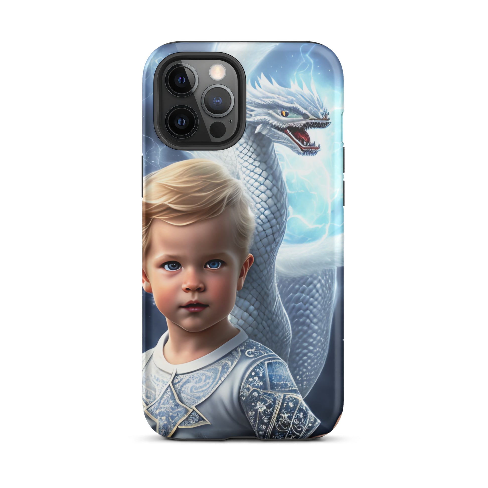 A picture of a an iphone case with a blond haired blue eyed boy, pale blue shirt with white intricate patter Dragon Prince tough iphone case - glossy-iphone-12-pro-max-front