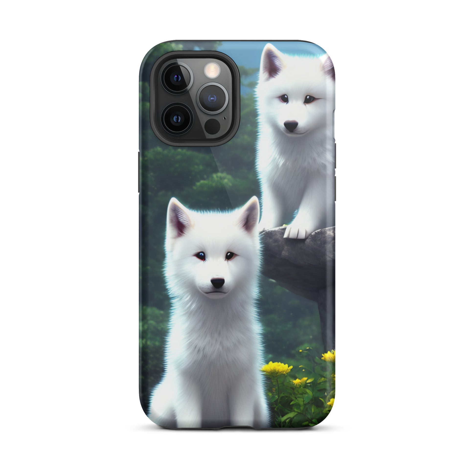 A fantasy picture of 2 white wolf cubs sitting looking straight on iPhone tough case - glossy-iphone-12-pro-max-front