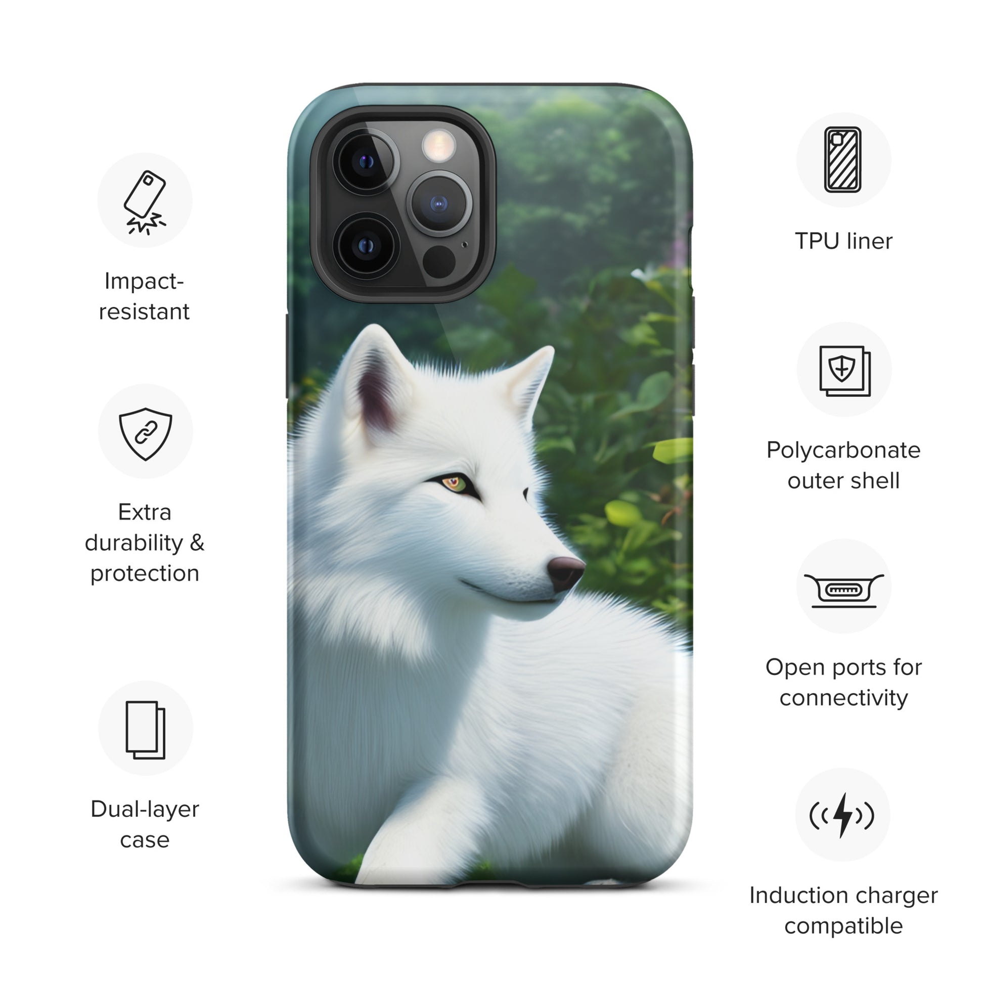 A fantasy picture of White Wolf #2 iPhone tough case with a pure white wolf laying down head up and alert - glossy-iphone-12-pro-max-front