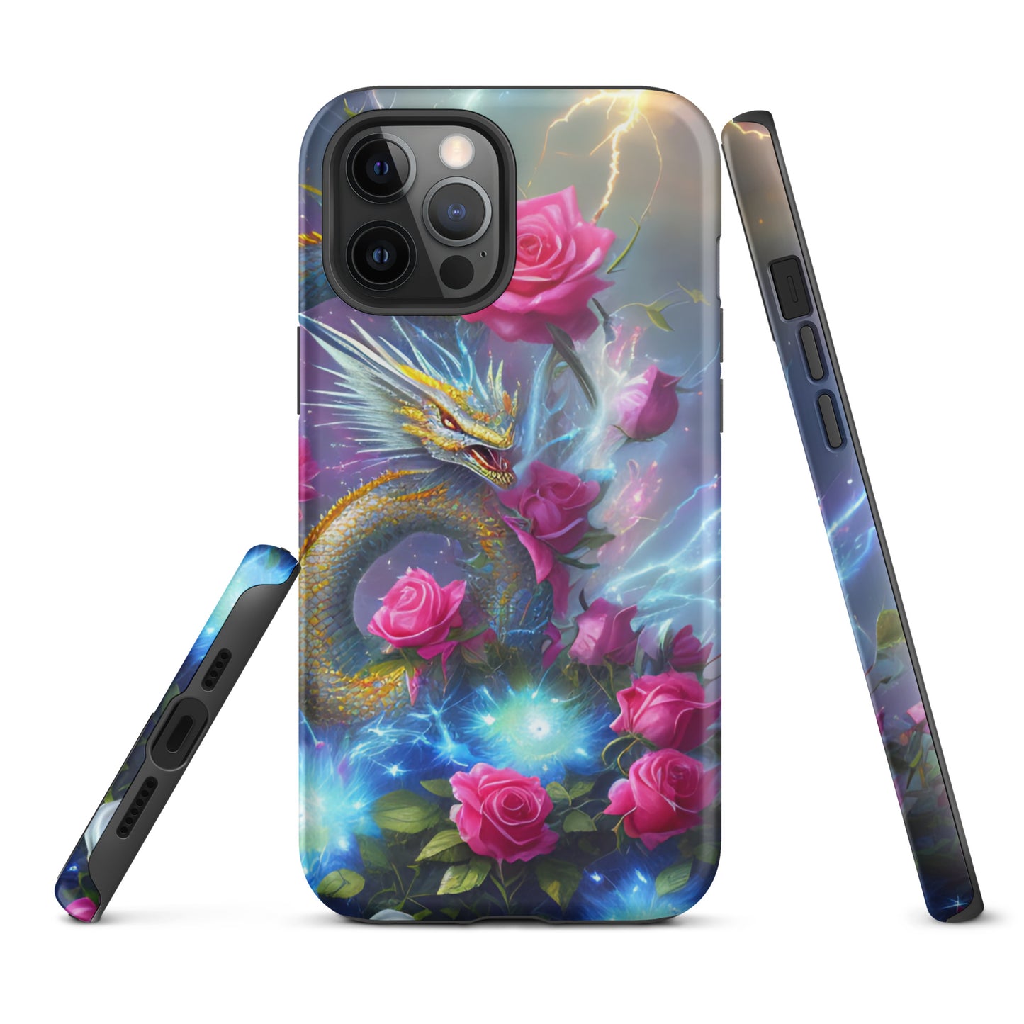 A fantasy picture of Dragon Garden #3 iPhone tough case with pink of roses and in the middle is a blue and gold dragon with colorful lightning bolts - glossy-iphone-12-pro-max-front