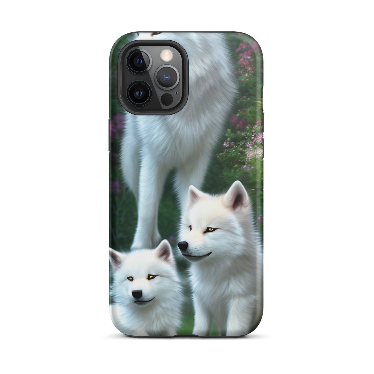 A fantasy picture of white wolves iPhone tough case with many colored flowers and 2 wolf cubs bottom front with an Mother Wolf standing behind - glossy-iphone-12-pro-max-front