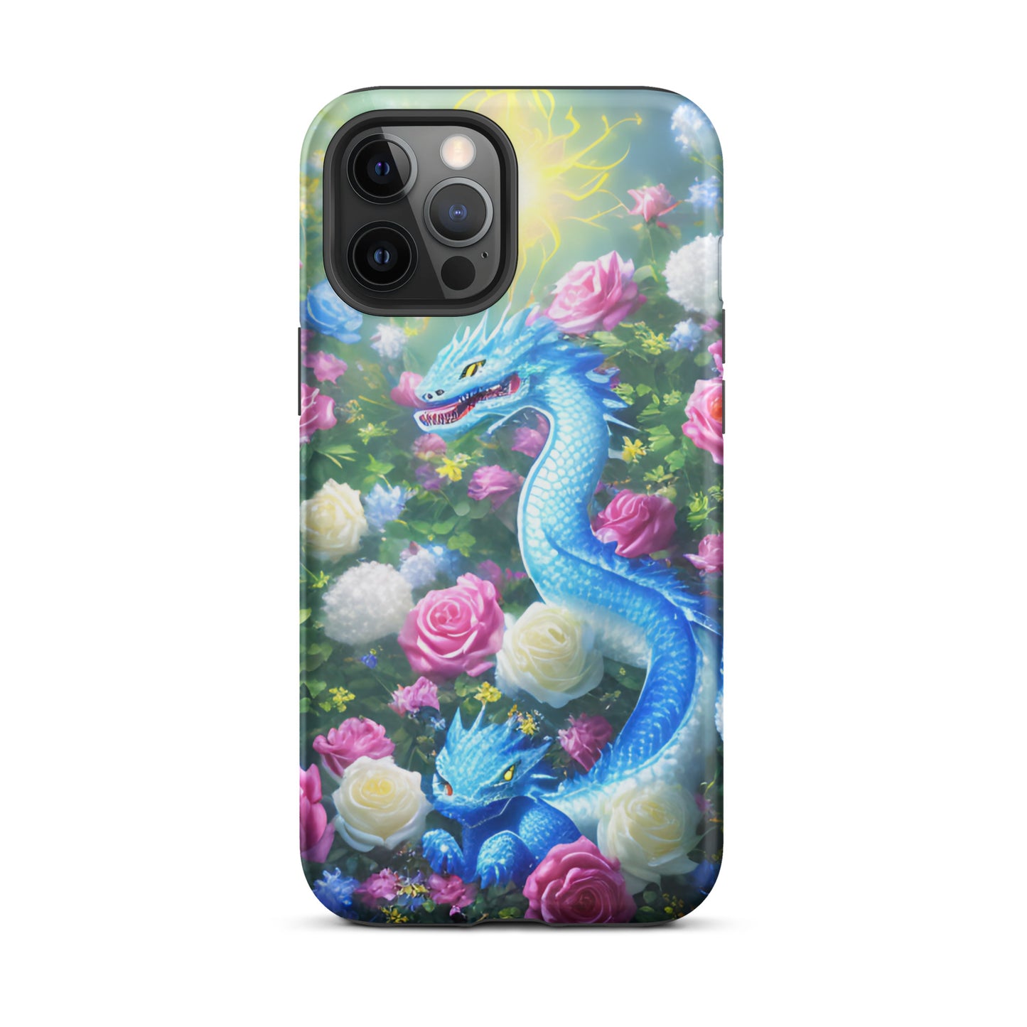 A fantasy picture of Dragon Garden #5 iPhone tough case with many colors of roses and in the middle is a blue dragon with it's baby - glossy-iphone-12-pro-max-front