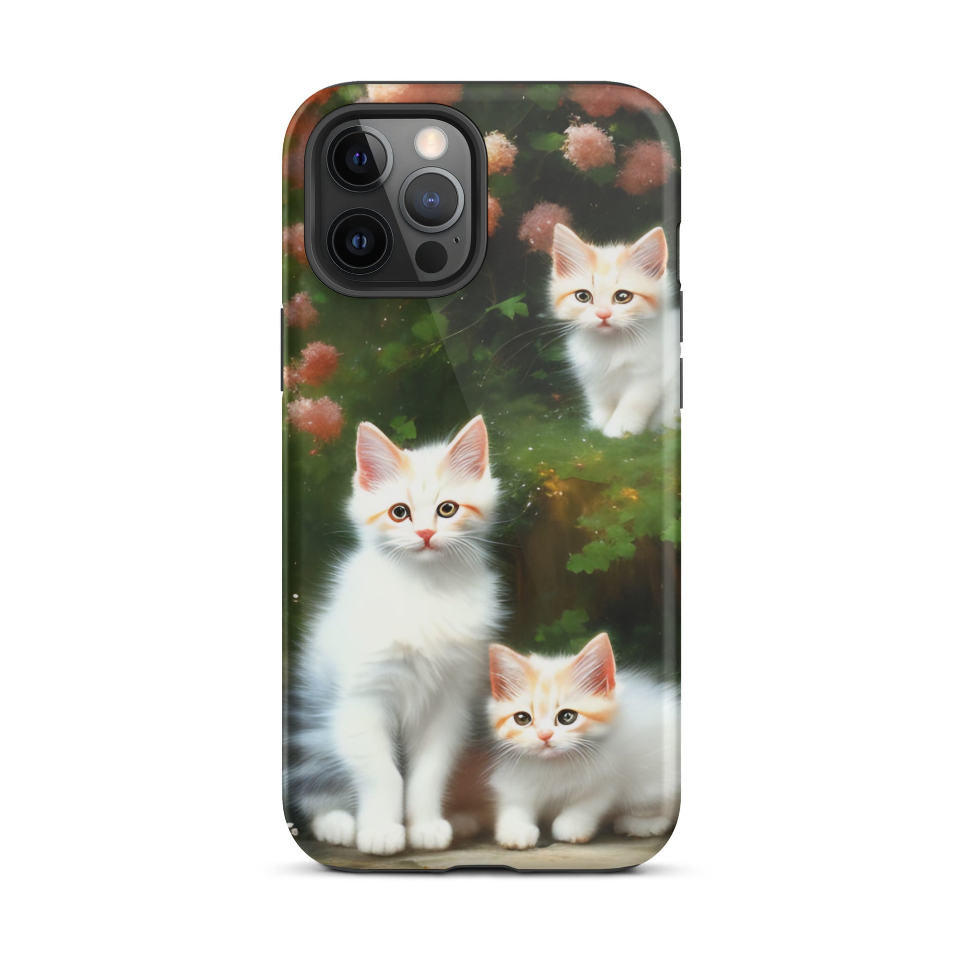 A picture of a iphone tough case with 3 fluffy white and orange kittens and peach colored flowers in the background - glossy-iphone-12-pro-max-front