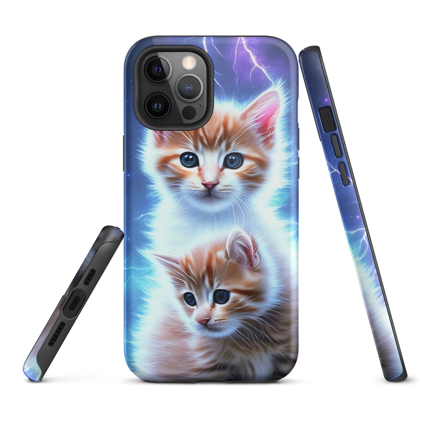 A picture of a iphone tough mobile phone case with fluffy 2 orange and white kittens against a stormy background - glossy-iphone-12-pro-max-front
