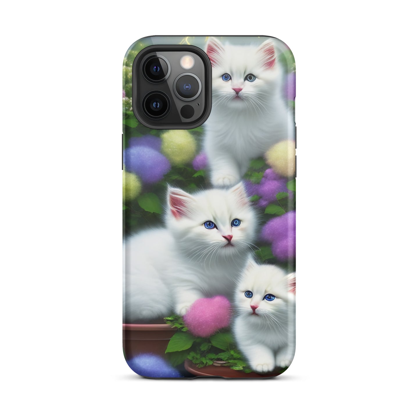 A picture of a iphone tough case with a picture of 3 pure white kittens with blue eyes in a garden filled with flowers - glossy-iphone-12-pro-max-front