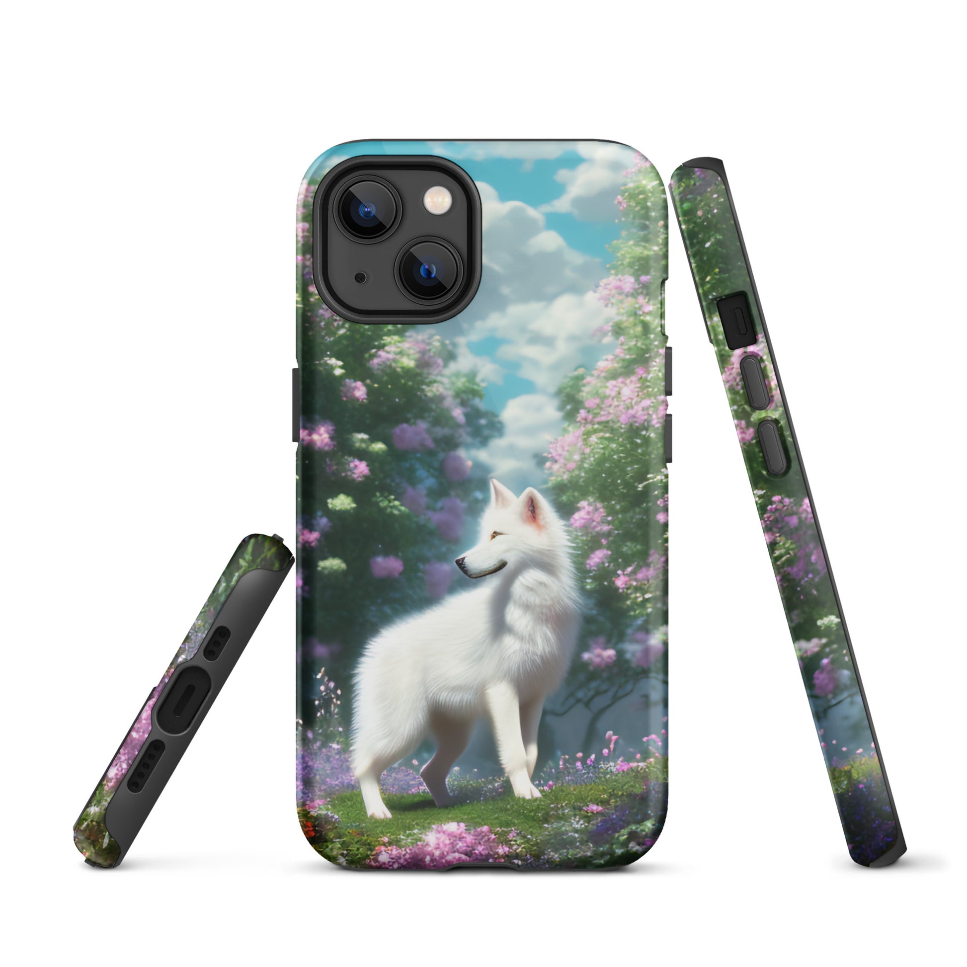 A fantasy picture of white wolf iPhone tough case full picture of a lone white wolf standing in a garden full of flowers - glossy-iphone-13-front