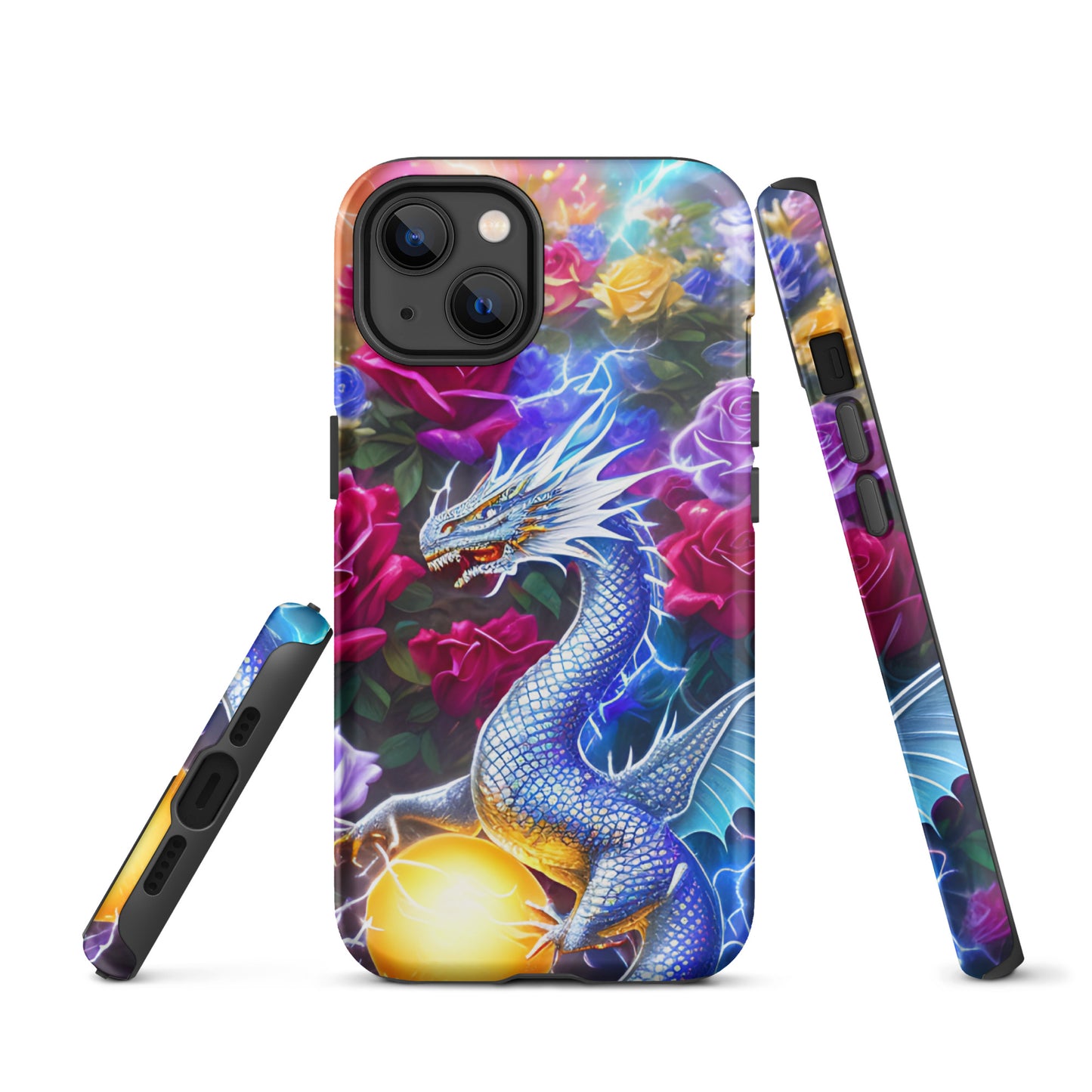 A fantasy picture of Dragon Garden #4 iPhone tough case with many colorful roses and in the middle is a white and blue dragon with a gold dragon egg and crackling lightning bolts - glossy-iphone-13-front