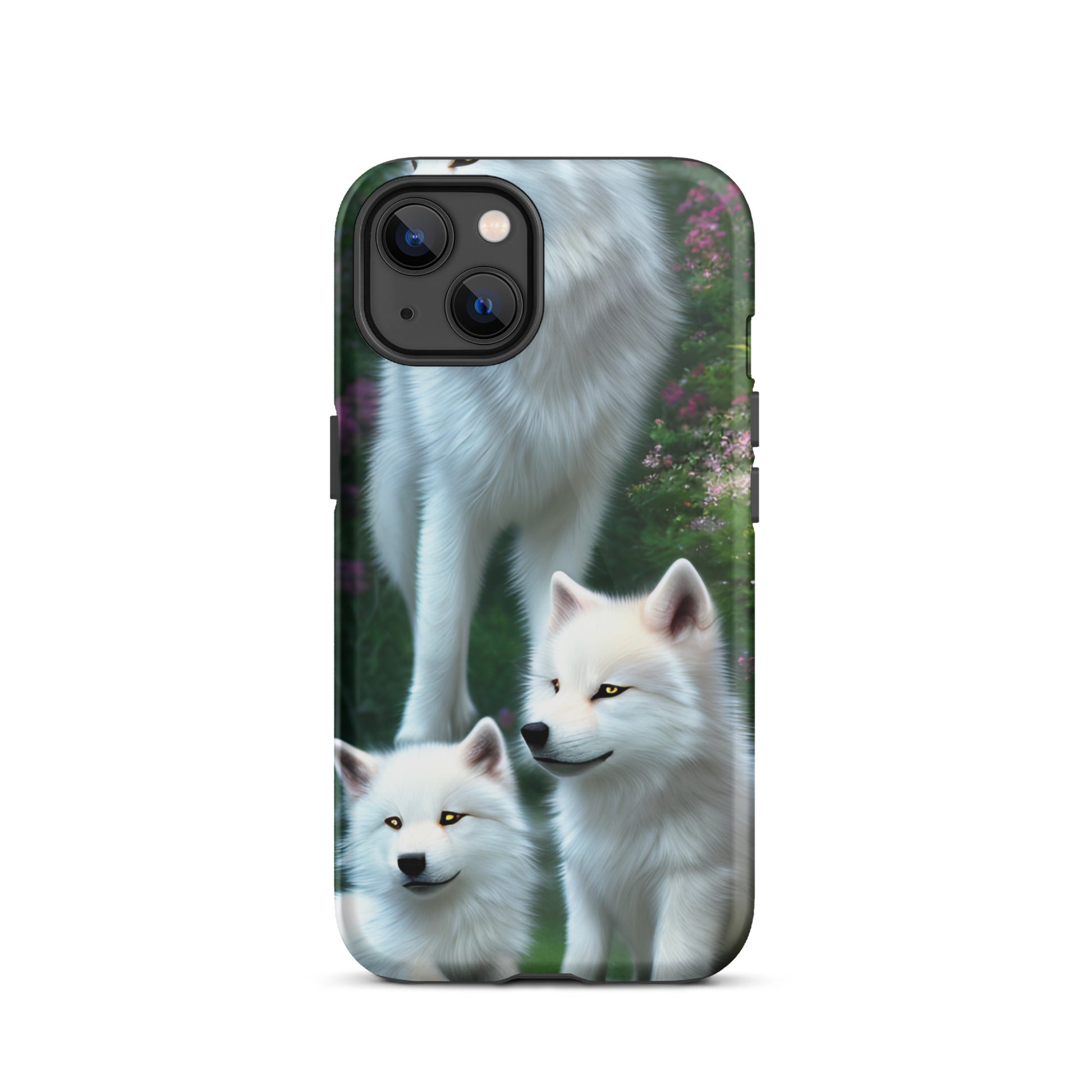 A fantasy picture of white wolves iPhone tough case with many colored flowers and 2 wolf cubs bottom front with an Mother Wolf standing behind - glossy-iphone-13-front