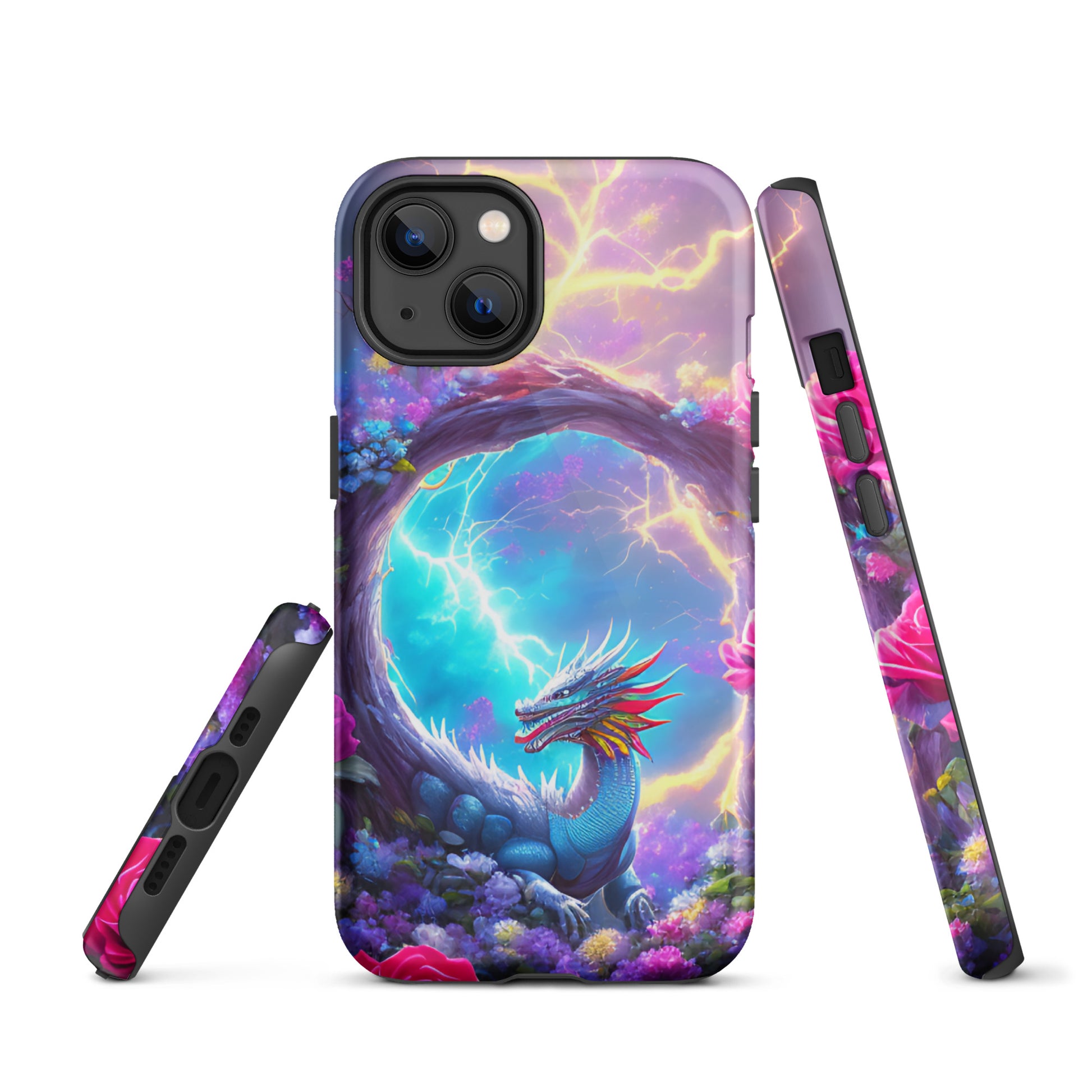 A fantasy picture of Dragon Garden iPhone tough case with many colors of roses and in the middle is a rainbow dragon with lightning bolts - glossy-iphone-13-front