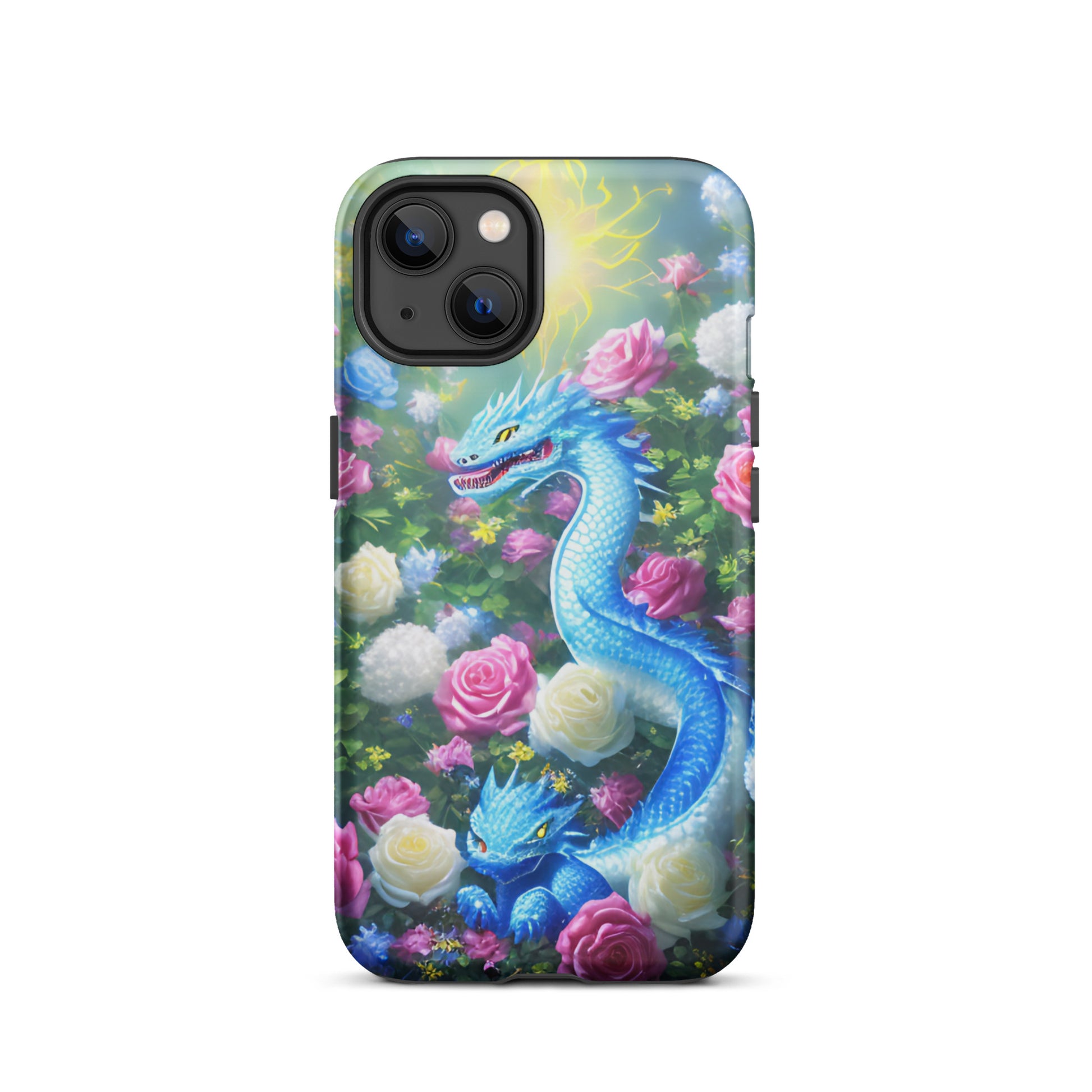 A fantasy picture of Dragon Garden #5 iPhone tough case with many colors of roses and in the middle is a blue dragon with it's baby - glossy-iphone-13-front