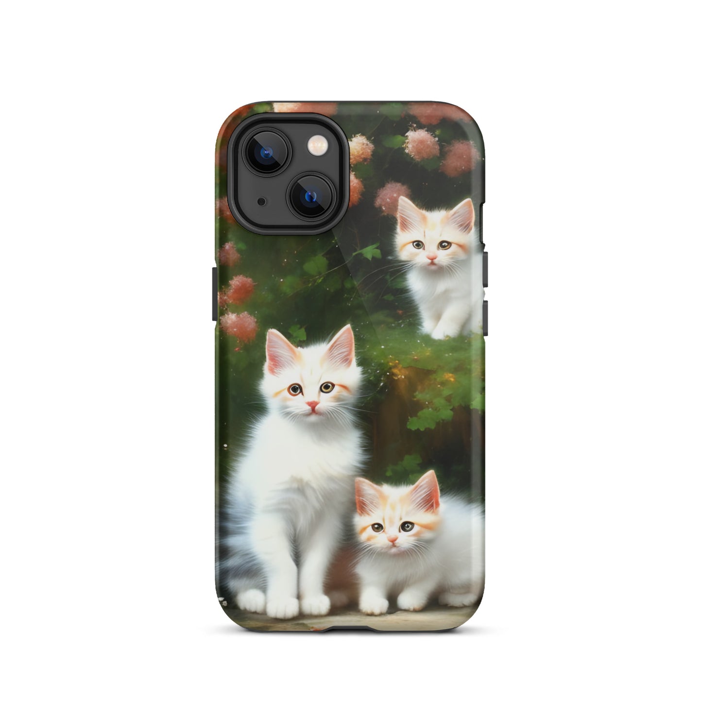 A picture of a iphone tough case with 3 fluffy white and orange kittens and peach colored flowers in the background - glossy-iphone-13-front