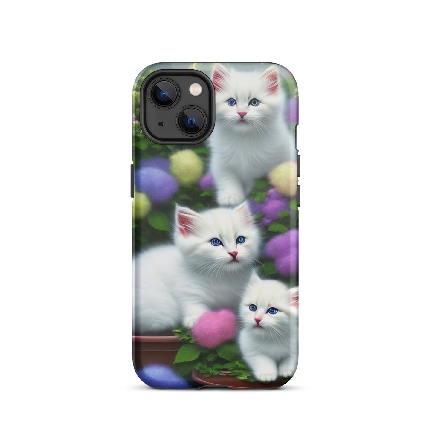 A picture of a iphone tough case with a picture of 3 pure white kittens with blue eyes in a garden filled with flowers - glossy-iphone-13-front