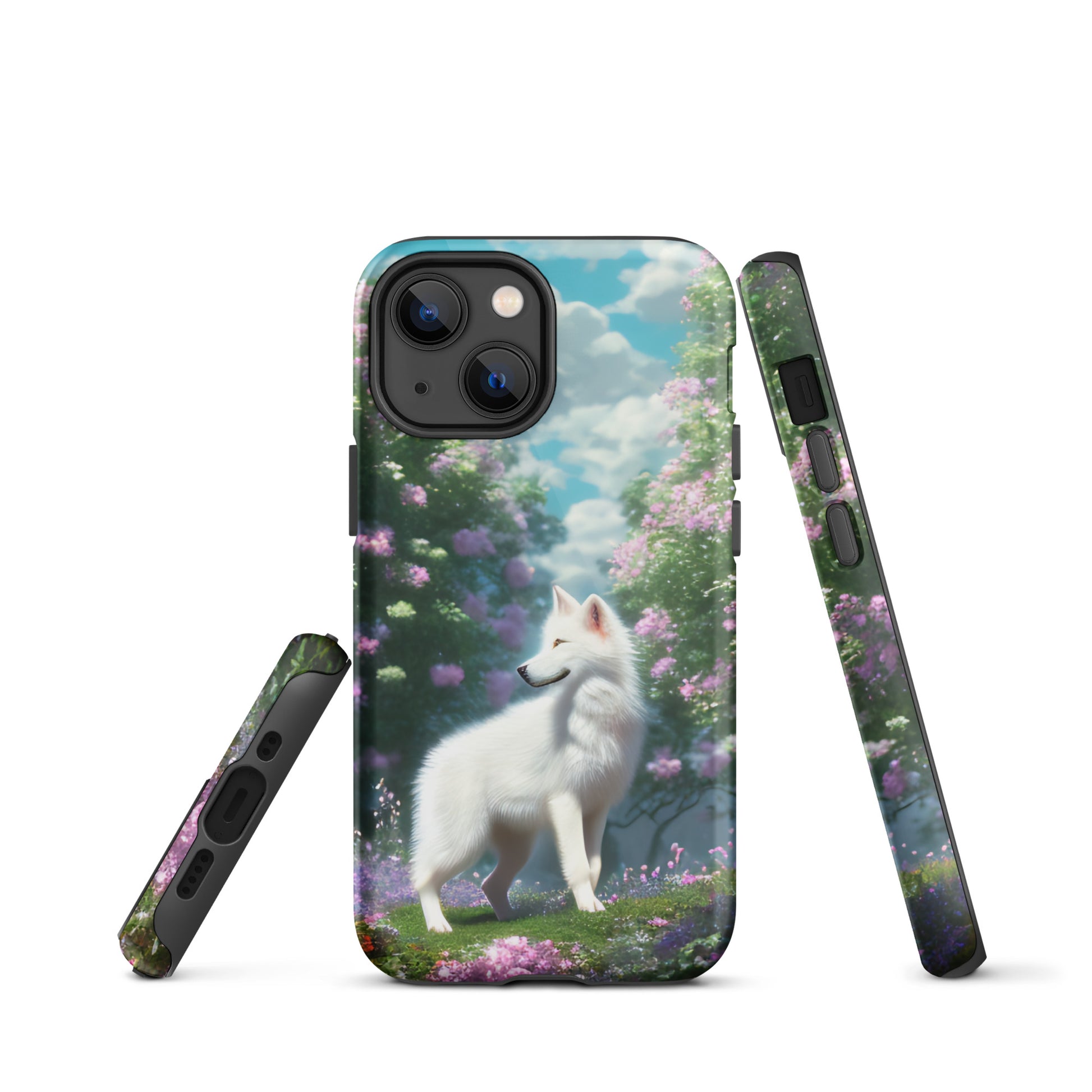 A fantasy picture of white wolf iPhone tough case full picture of a lone white wolf standing in a garden full of flowers - glossy-iphone-13-mini-front