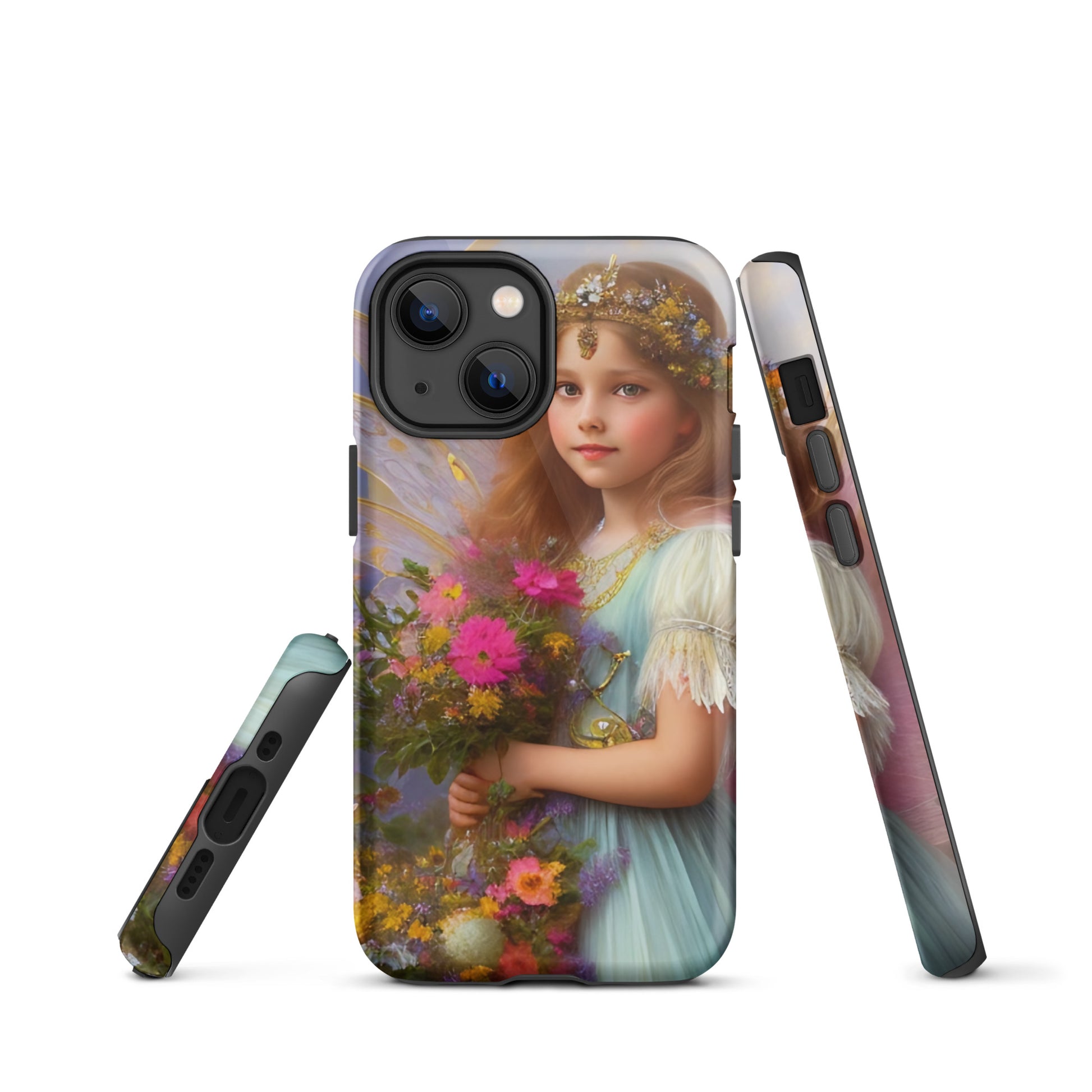 A picture of a iphone tough case with a beautiful young fairy princess, glittering crown and detailed dress. She is holding a bunch of colorful flowers and has very pretty fairy wings   - glossy-iphone-13-mini-front