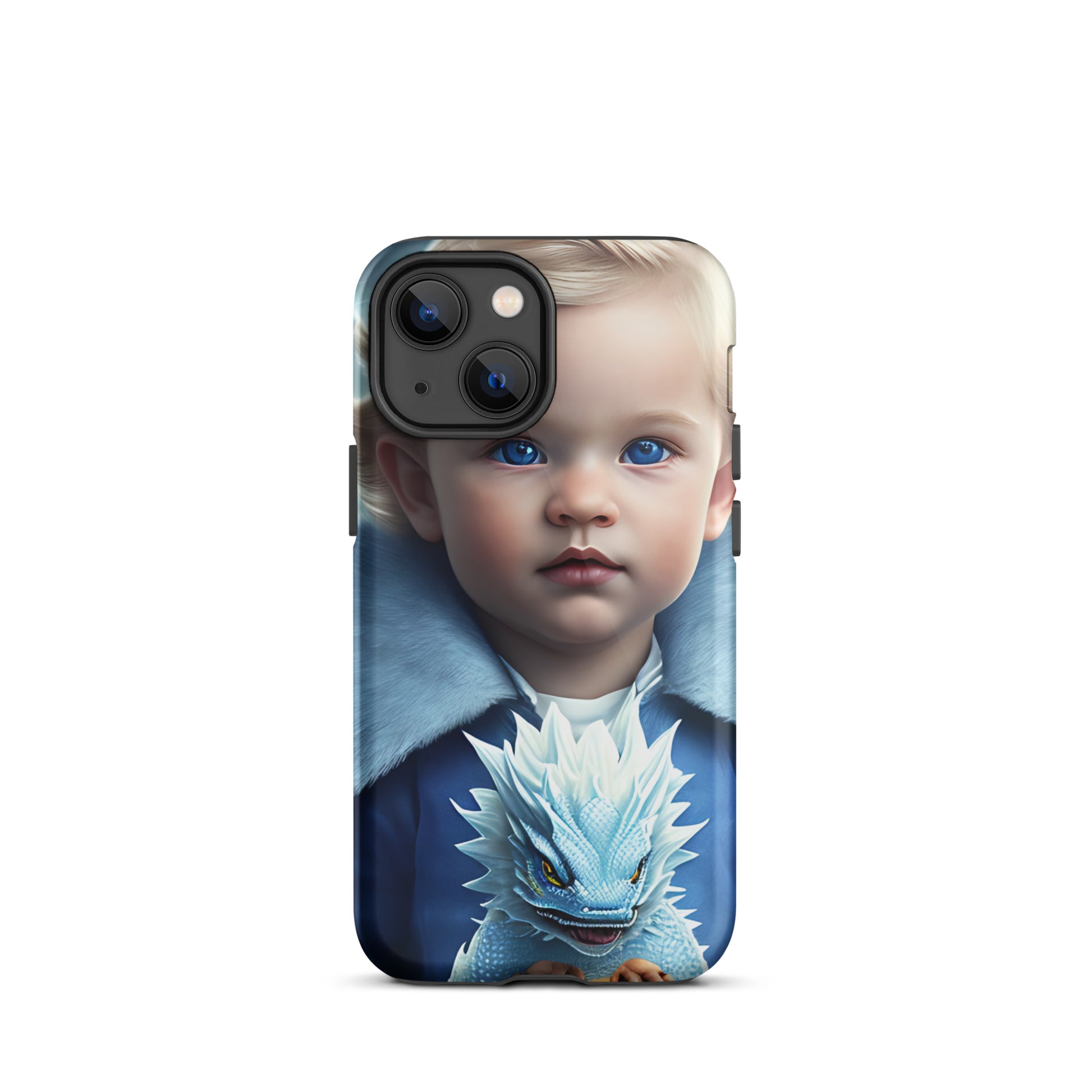 A picture of a an iphone case with a blond haired blue eyed boy, blue top holding a baby ice dragon in front - Dragon Prince #2 tough iphone case - glossy-iphone-13-mini-front
