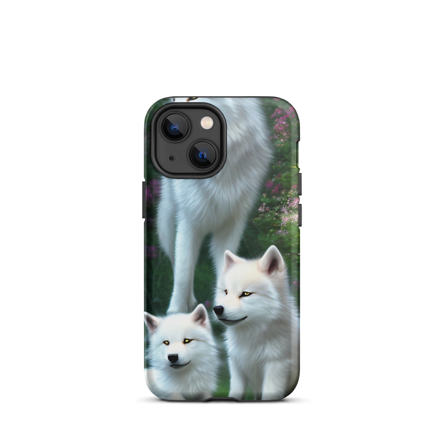 A fantasy picture of white wolves iPhone tough case with many colored flowers and 2 wolf cubs bottom front with an Mother Wolf standing behind - glossy-iphone-13-mini-front