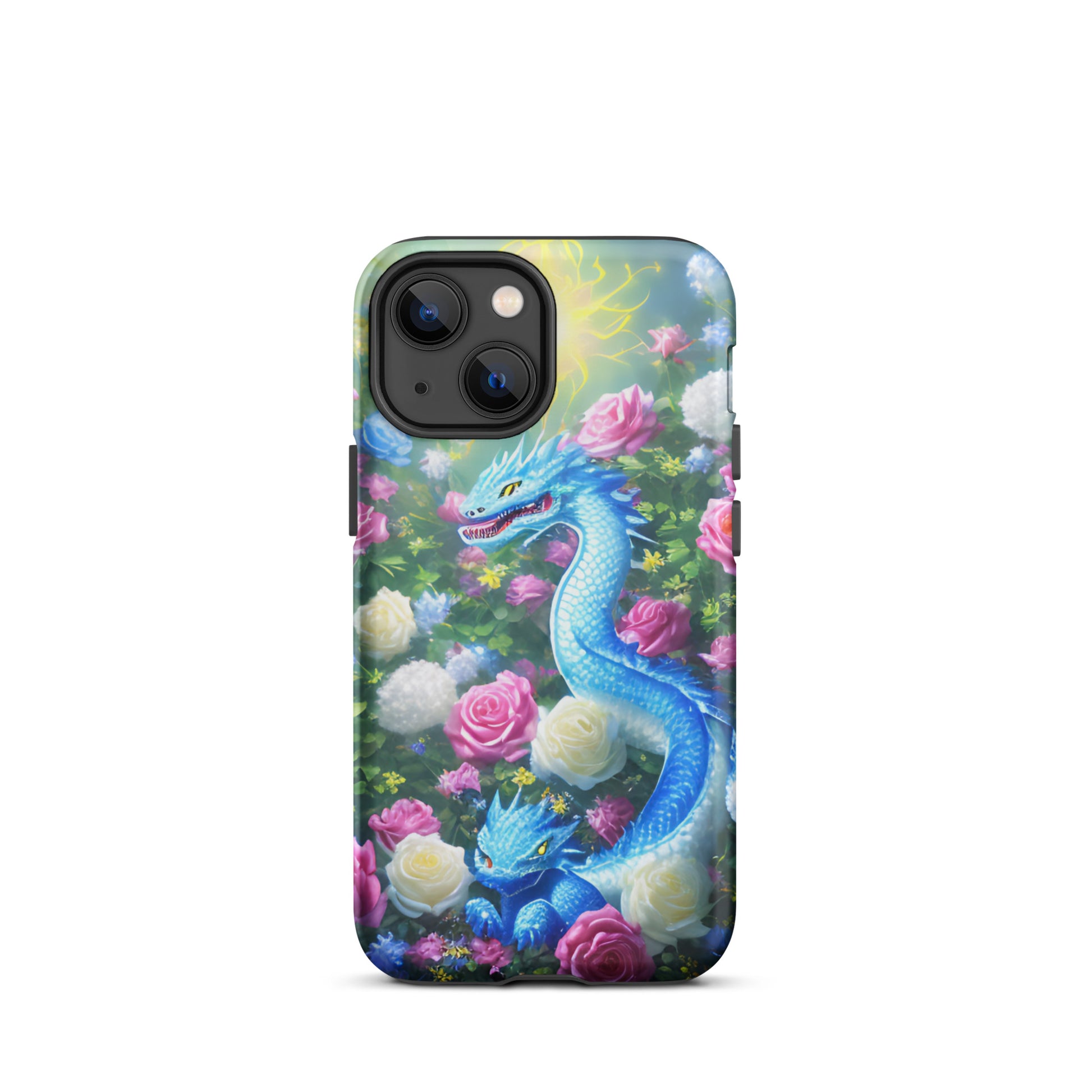 A fantasy picture of Dragon Garden #5 iPhone tough case with many colors of roses and in the middle is a blue dragon with it's baby - glossy-iphone-13-mini-front