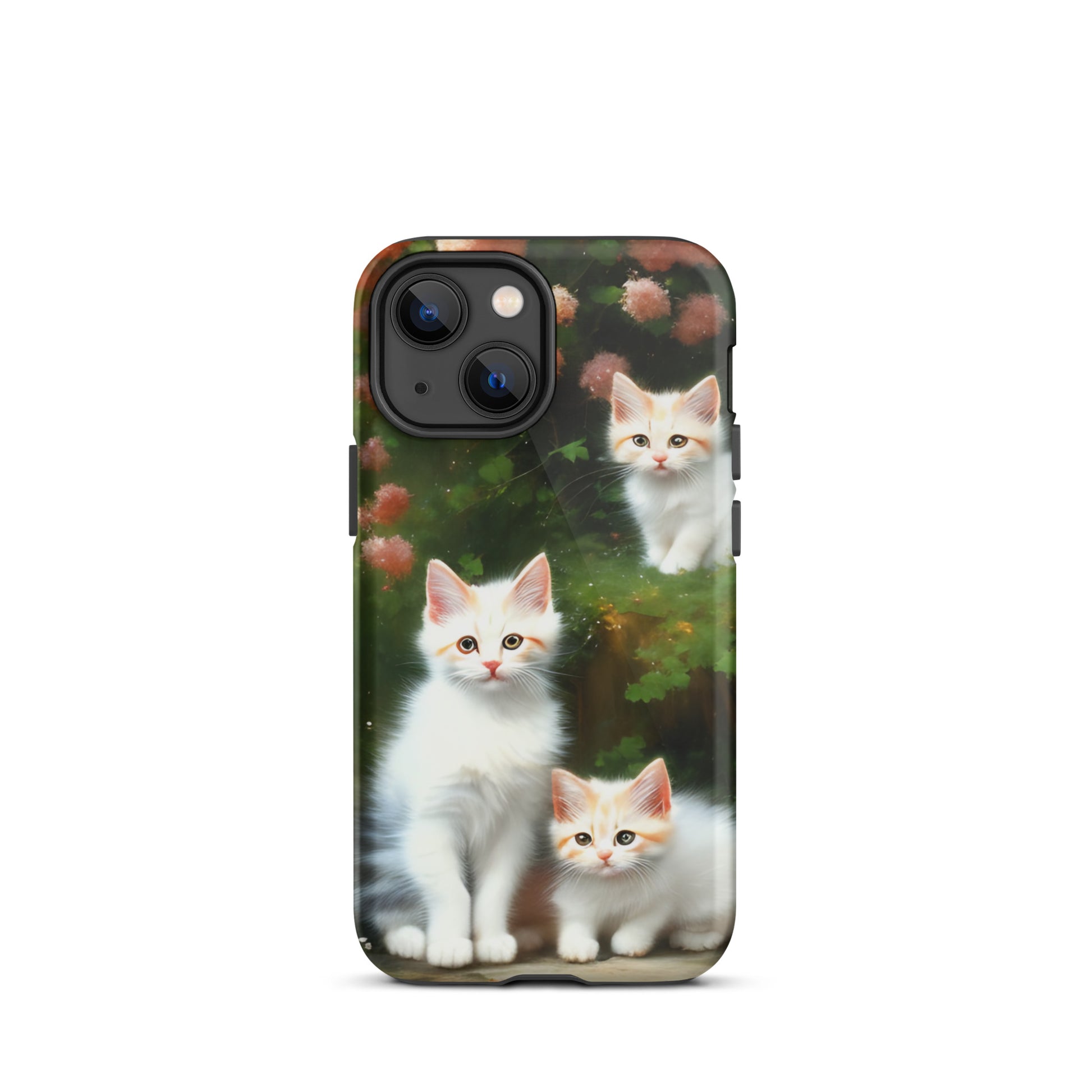 A picture of a iphone tough case with 3 fluffy white and orange kittens and peach colored flowers in the background - glossy-iphone-13-mini-front