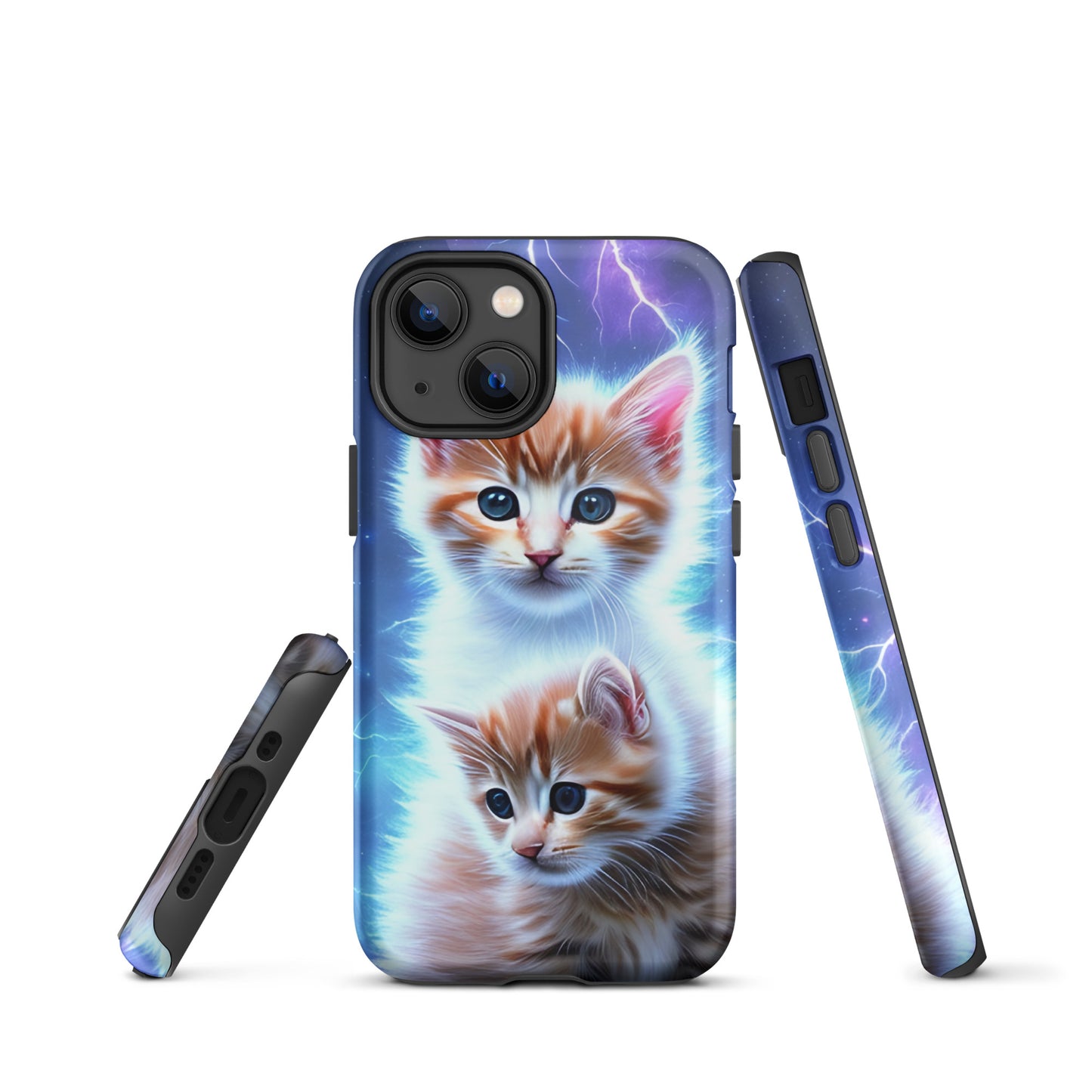 A picture of a iphone tough mobile phone case with fluffy 2 orange and white kittens against a stormy background - glossy-iphone-13-mini-front