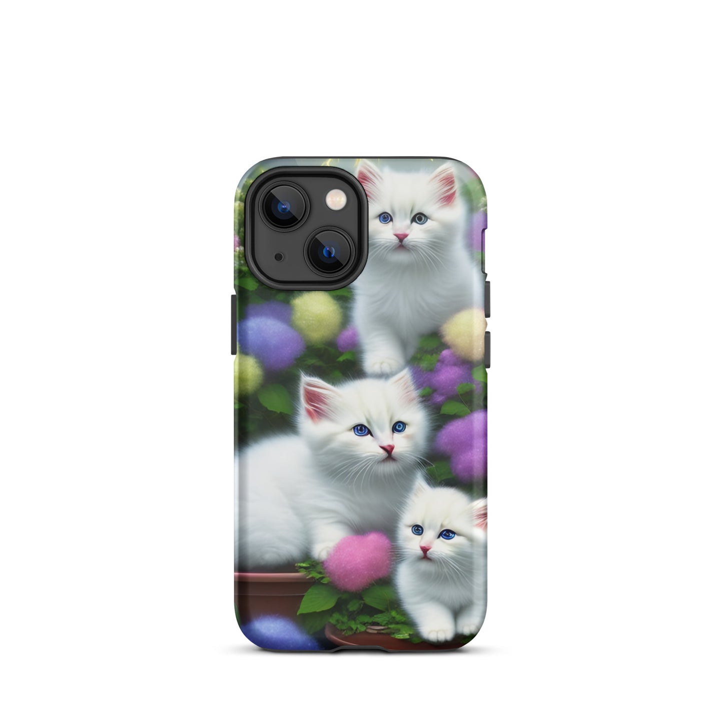 A picture of a iphone tough case with a picture of 3 pure white kittens with blue eyes in a garden filled with flowers - glossy-iphone-13-mini-front