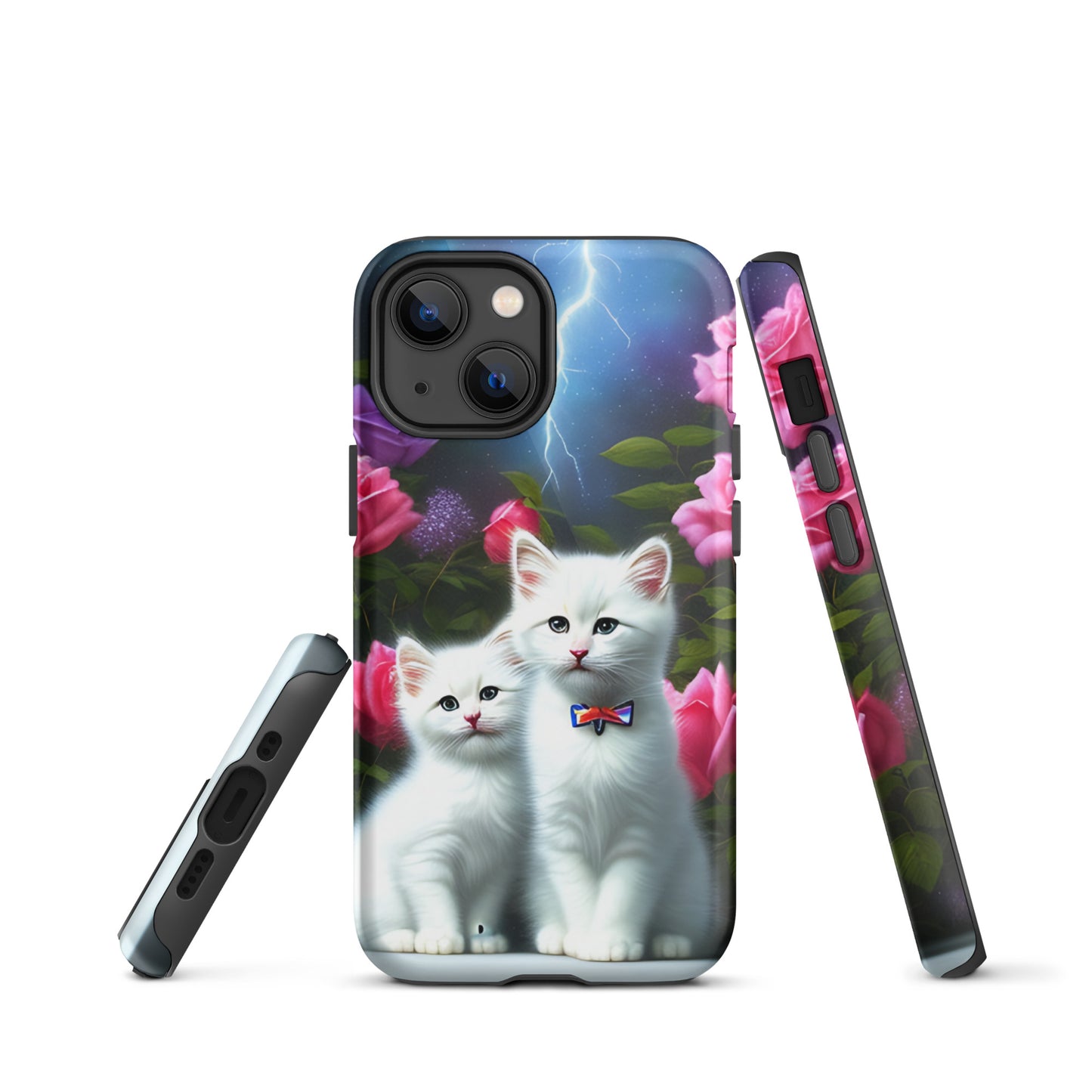 A picture of a iphone tough mobile phone case with 2 white kittens sitting in a flower garden and pink roses - glossy-iphone-13-mini-front
