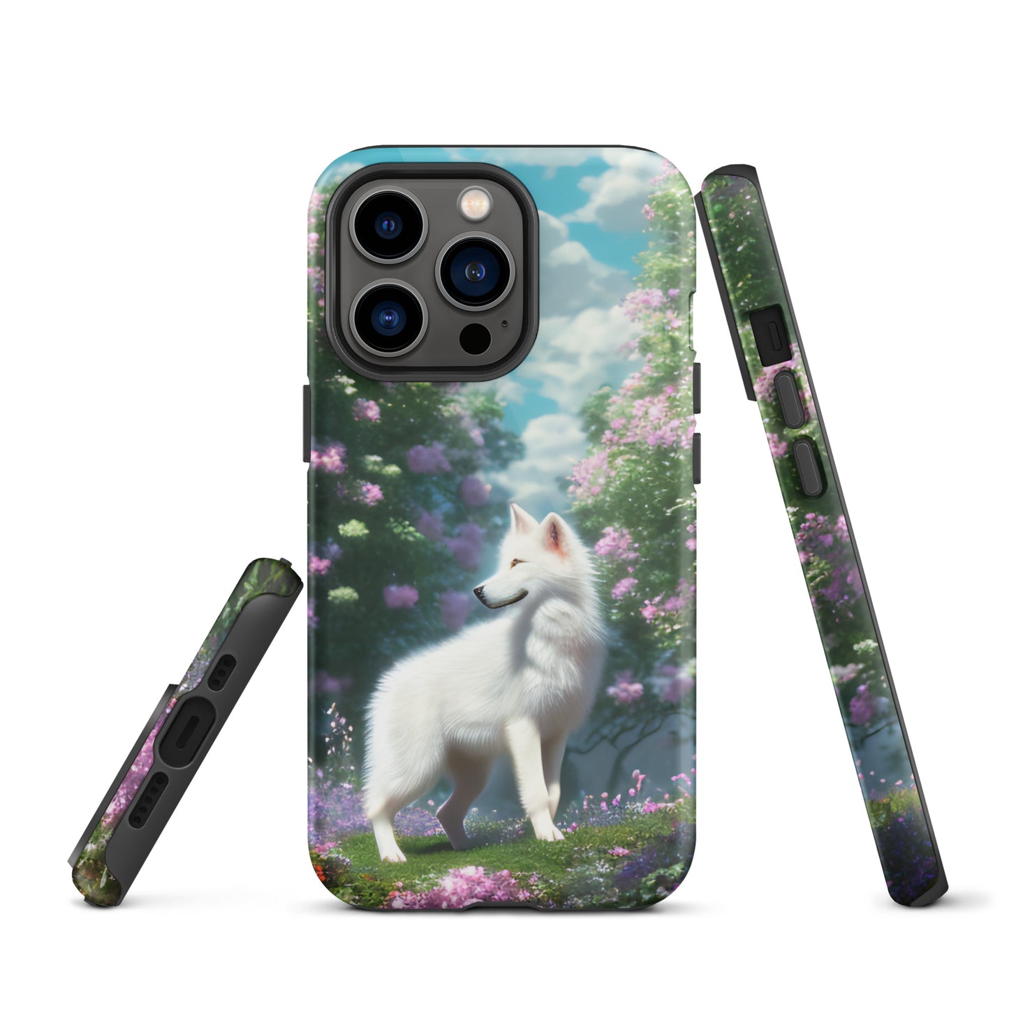 A fantasy picture of white wolf iPhone tough case full picture of a lone white wolf standing in a garden full of flowers - glossy-iphone-13-pro-front