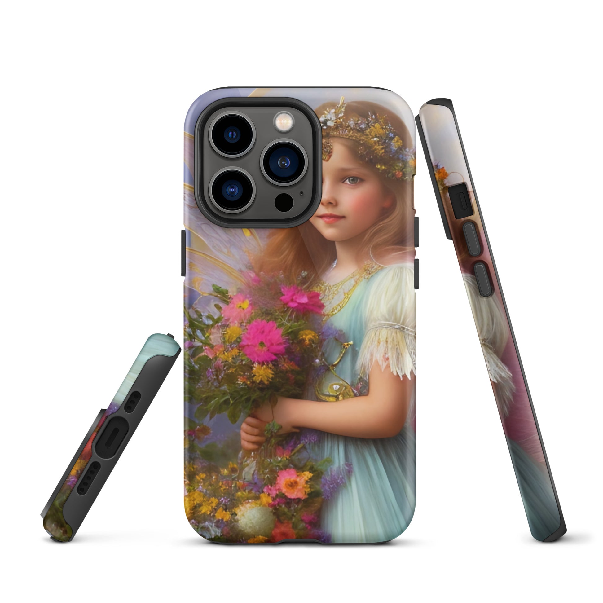 A picture of a iphone tough case with a beautiful young fairy princess, glittering crown and detailed dress. She is holding a bunch of colorful flowers and has very pretty fairy wings   - glossy-iphone-13-pro-front