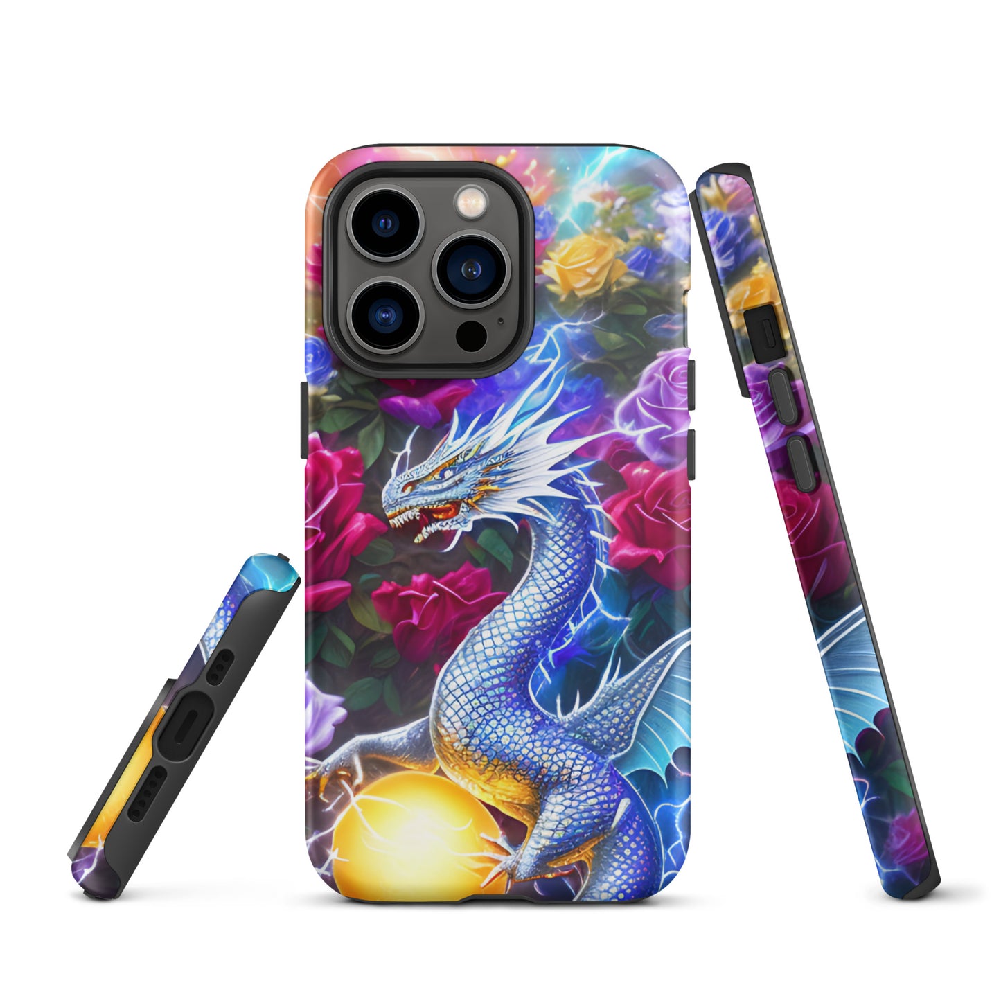 A fantasy picture of Dragon Garden #4 iPhone tough case with many colorful roses and in the middle is a white and blue dragon with a gold dragon egg and crackling lightning bolts - glossy-iphone-13-profront