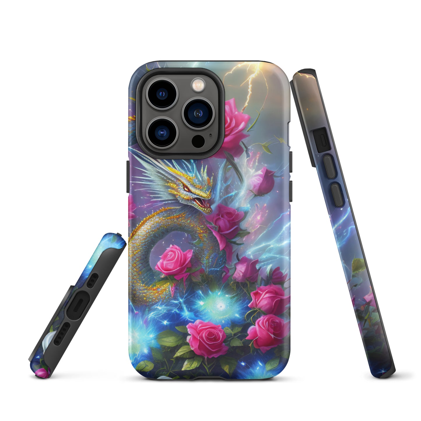 A fantasy picture of Dragon Garden #3 iPhone tough case with pink of roses and in the middle is a blue and gold dragon with colorful lightning bolts - glossy-iphone-13-pro-front