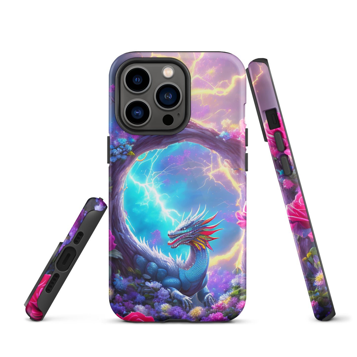 A fantasy picture of Dragon Garden iPhone tough case with many colors of roses and in the middle is a rainbow dragon with lightning bolts - glossy-iphone-13-pro-front