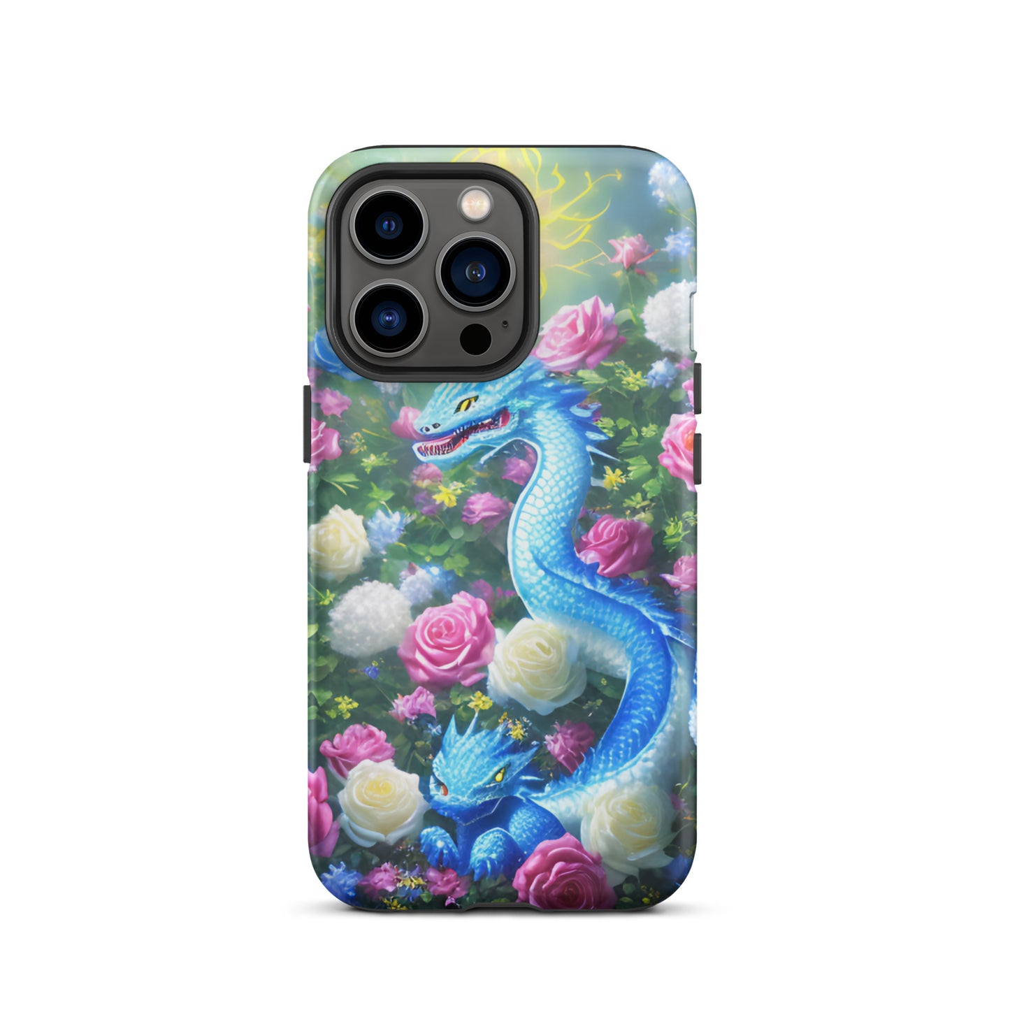 A fantasy picture of Dragon Garden #5 iPhone tough case with many colors of roses and in the middle is a blue dragon with it's baby - glossy-iphone-13-pro-front