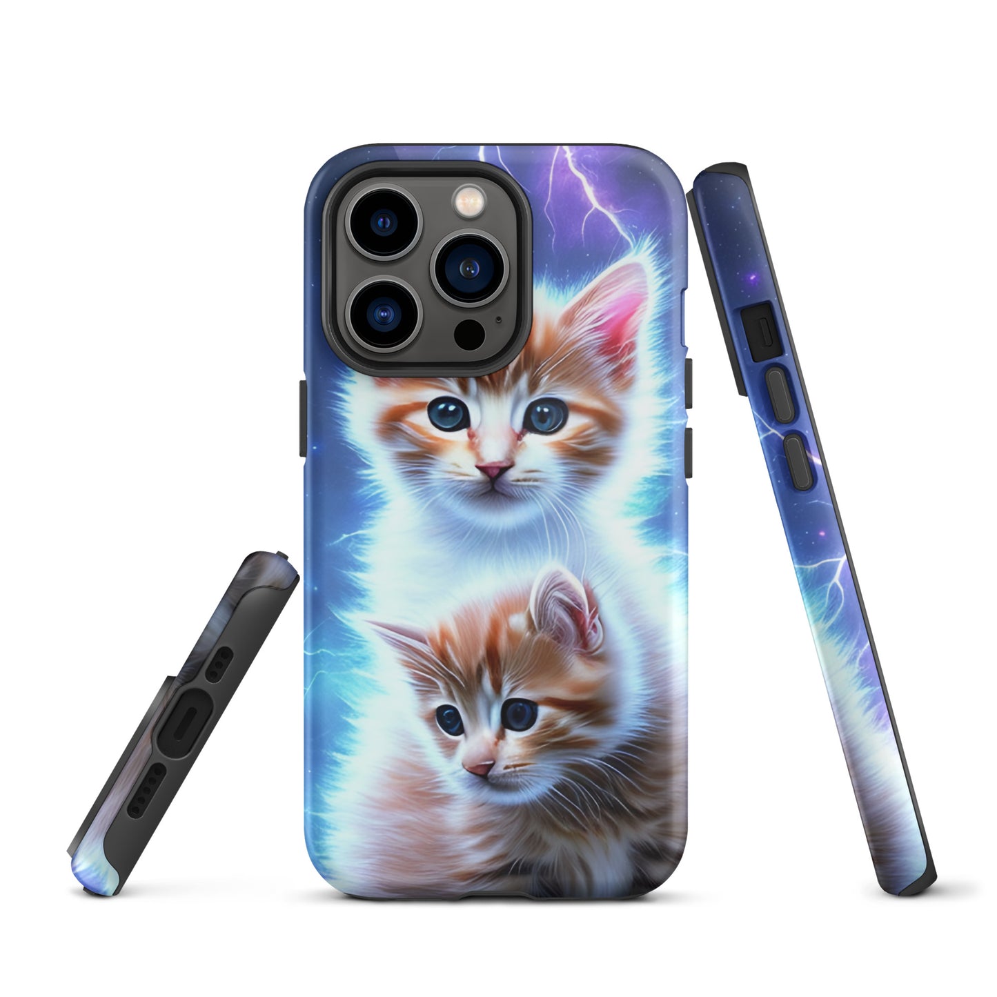 A picture of a iphone tough mobile phone case with fluffy 2 orange and white kittens against a stormy background - glossy-iphone-13-pro-front