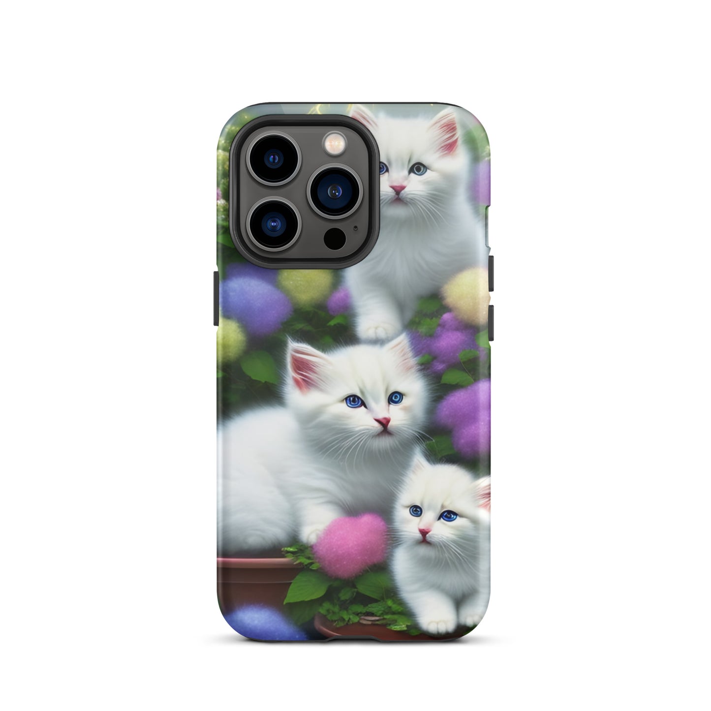 A picture of a iphone tough case with a picture of 3 pure white kittens with blue eyes in a garden filled with flowers - glossy-iphone-13-pro-front