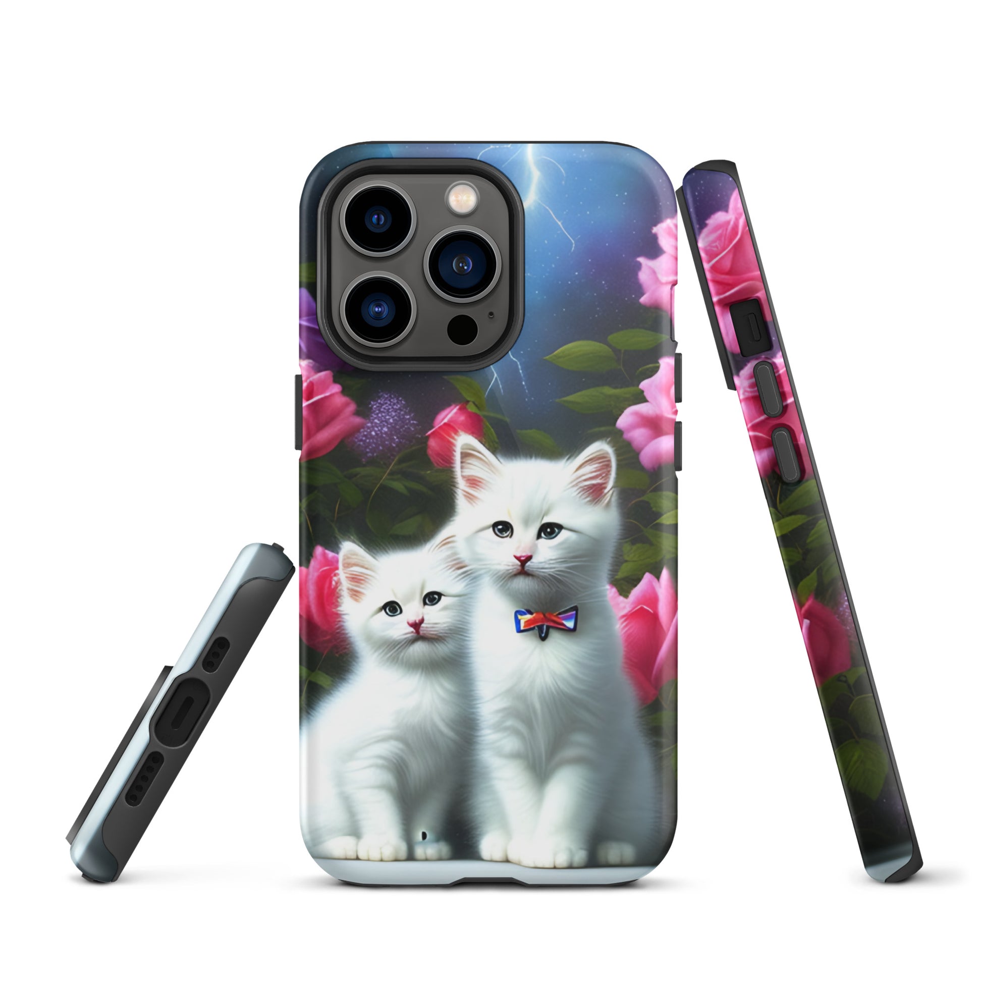 A picture of a iphone tough mobile phone case with 2 white kittens sitting in a flower garden and pink roses - glossy-iphone-13-pro-front