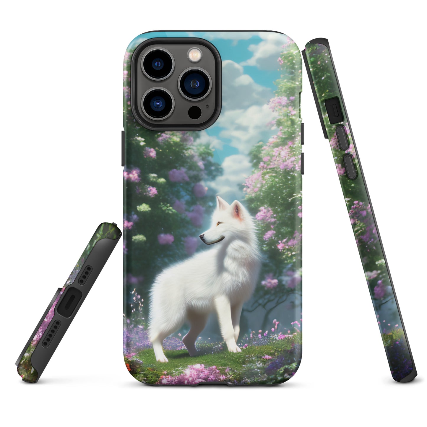 A fantasy picture of white wolf iPhone tough case full picture of a lone white wolf standing in a garden full of flowers - glossy-iphone-13-pro-max-front