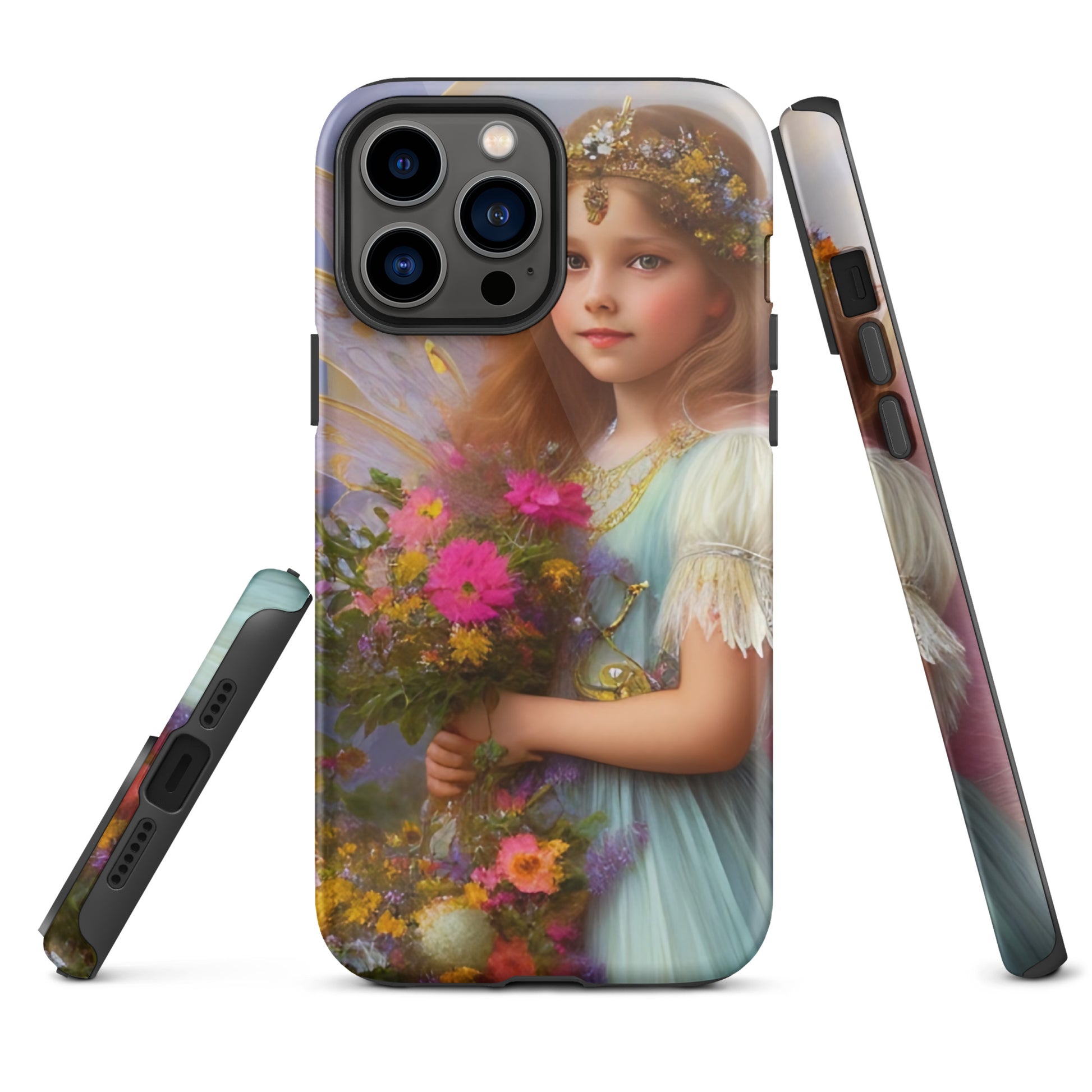 A picture of a iphone tough case with a beautiful young fairy princess, glittering crown and detailed dress. She is holding a bunch of colorful flowers and has very pretty fairy wings   - glossy-iphone-13-pro-max-front