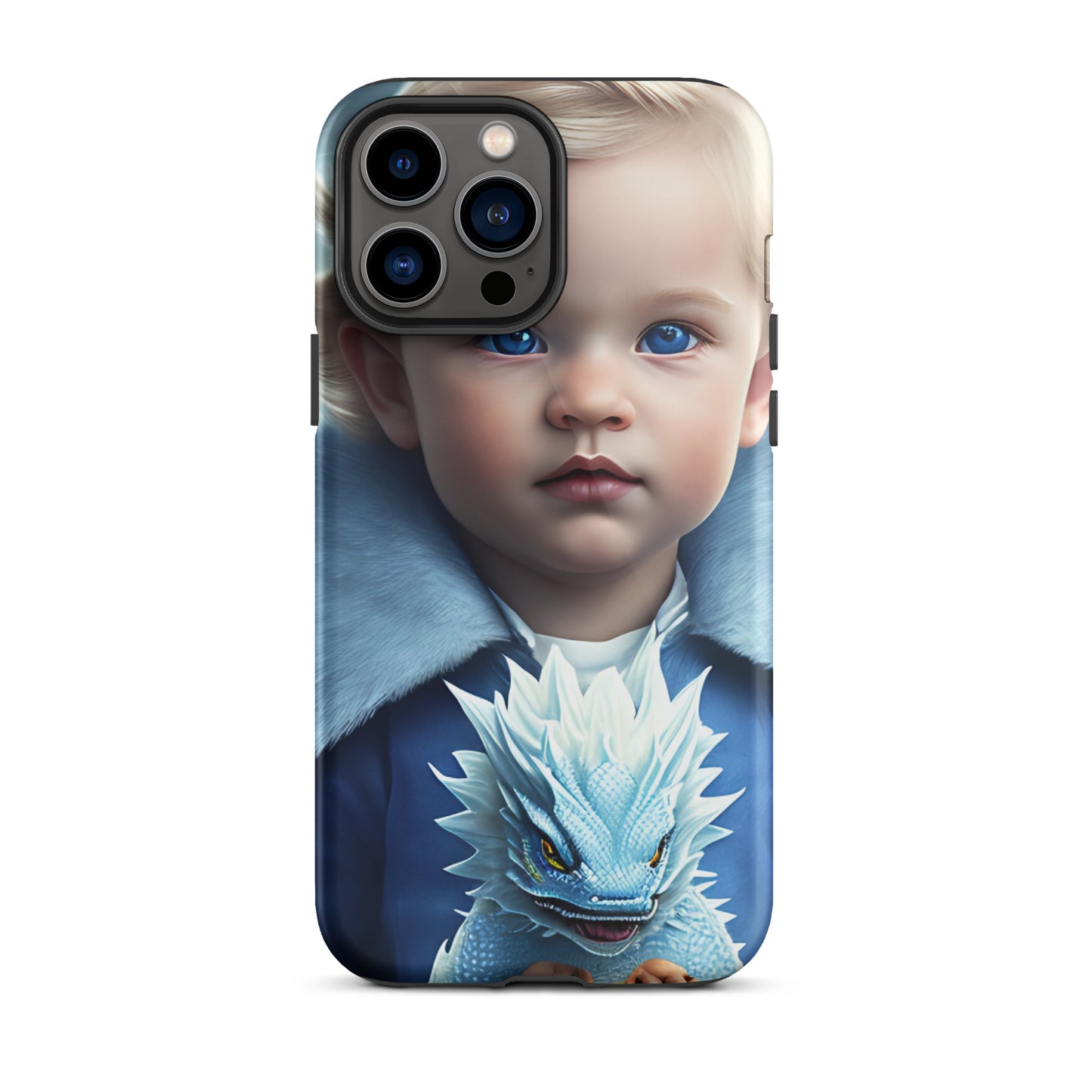 A picture of a an iphone case with a blond haired blue eyed boy, blue top holding a baby ice dragon in front - Dragon Prince #2 tough iphone case - glossy-iphone-13-pro-max-front
