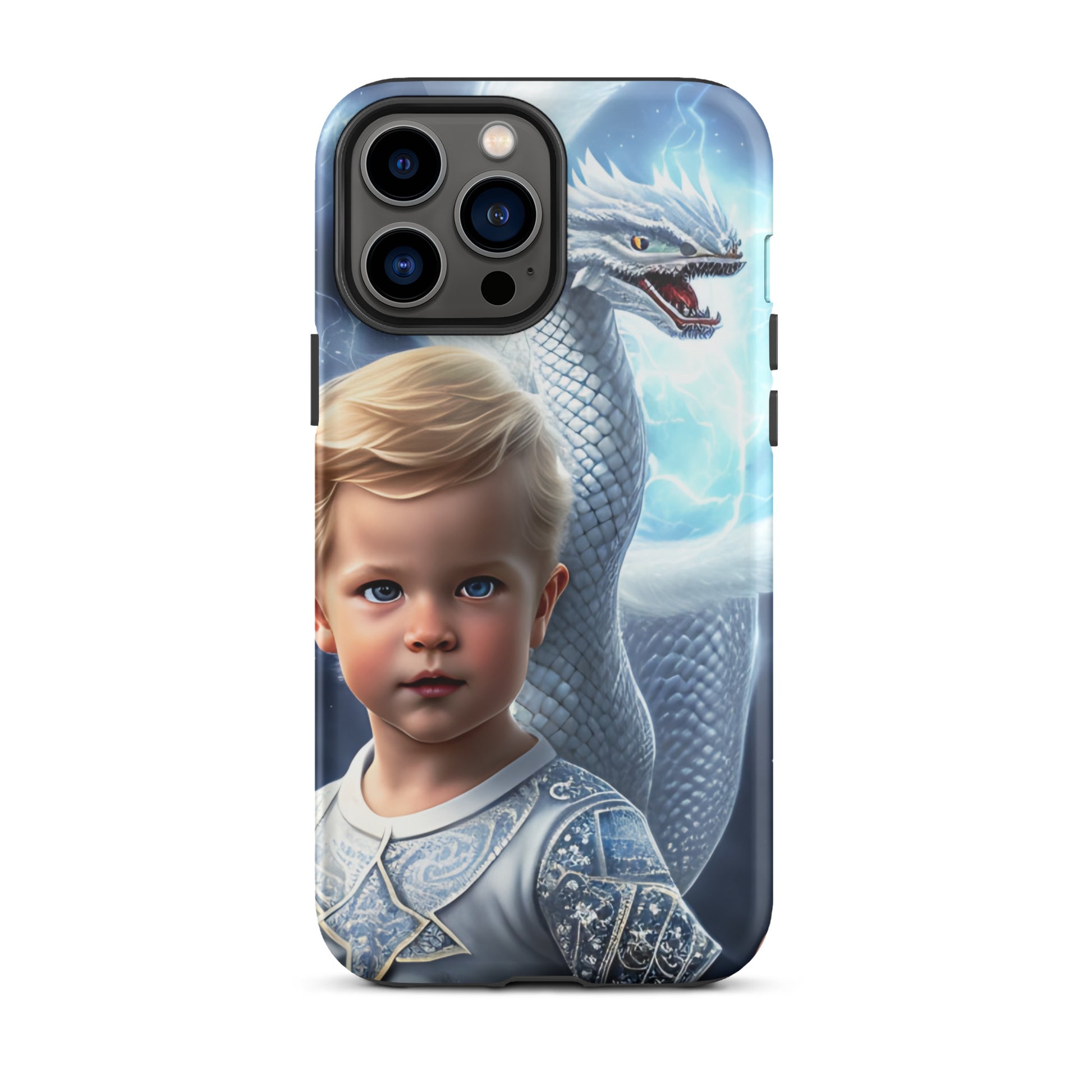 A picture of a an iphone case with a blond haired blue eyed boy, pale blue shirt with white intricate patter Dragon Prince tough iphone case - glossy-iphone-13-pro-max-front