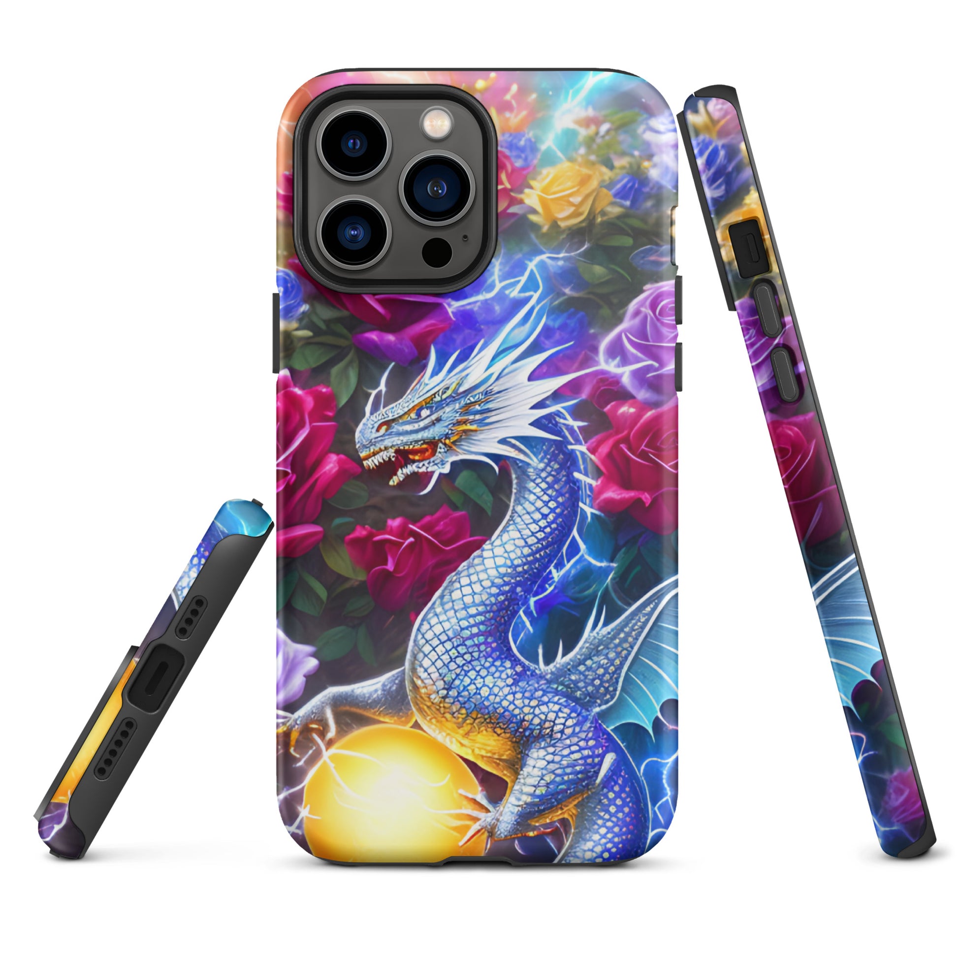 A fantasy picture of Dragon Garden #4 iPhone tough case with many colorful roses and in the middle is a white and blue dragon with a gold dragon egg and crackling lightning bolts - glossy-iphone-13-pro-max-front