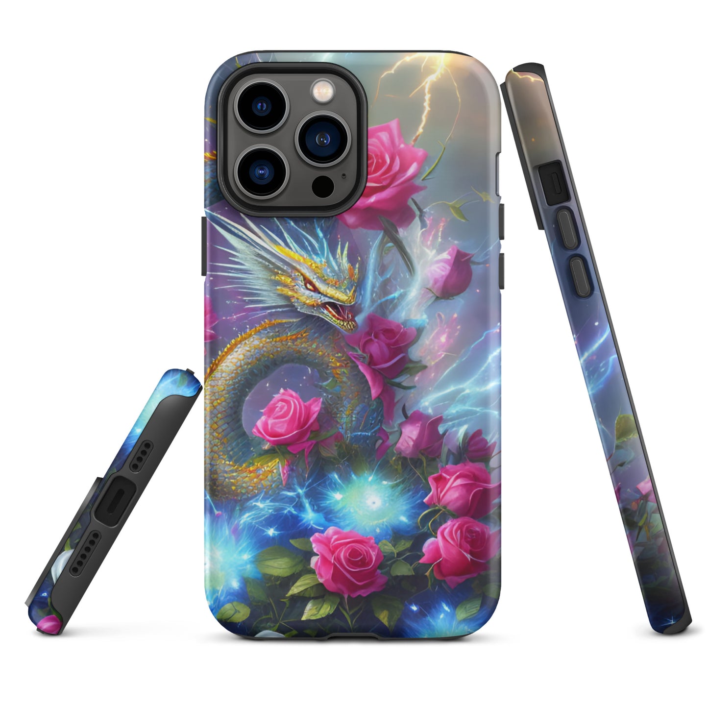 A fantasy picture of Dragon Garden #3 iPhone tough case with pink of roses and in the middle is a blue and gold dragon with colorful lightning bolts - glossy-iphone-13-pro-max-front