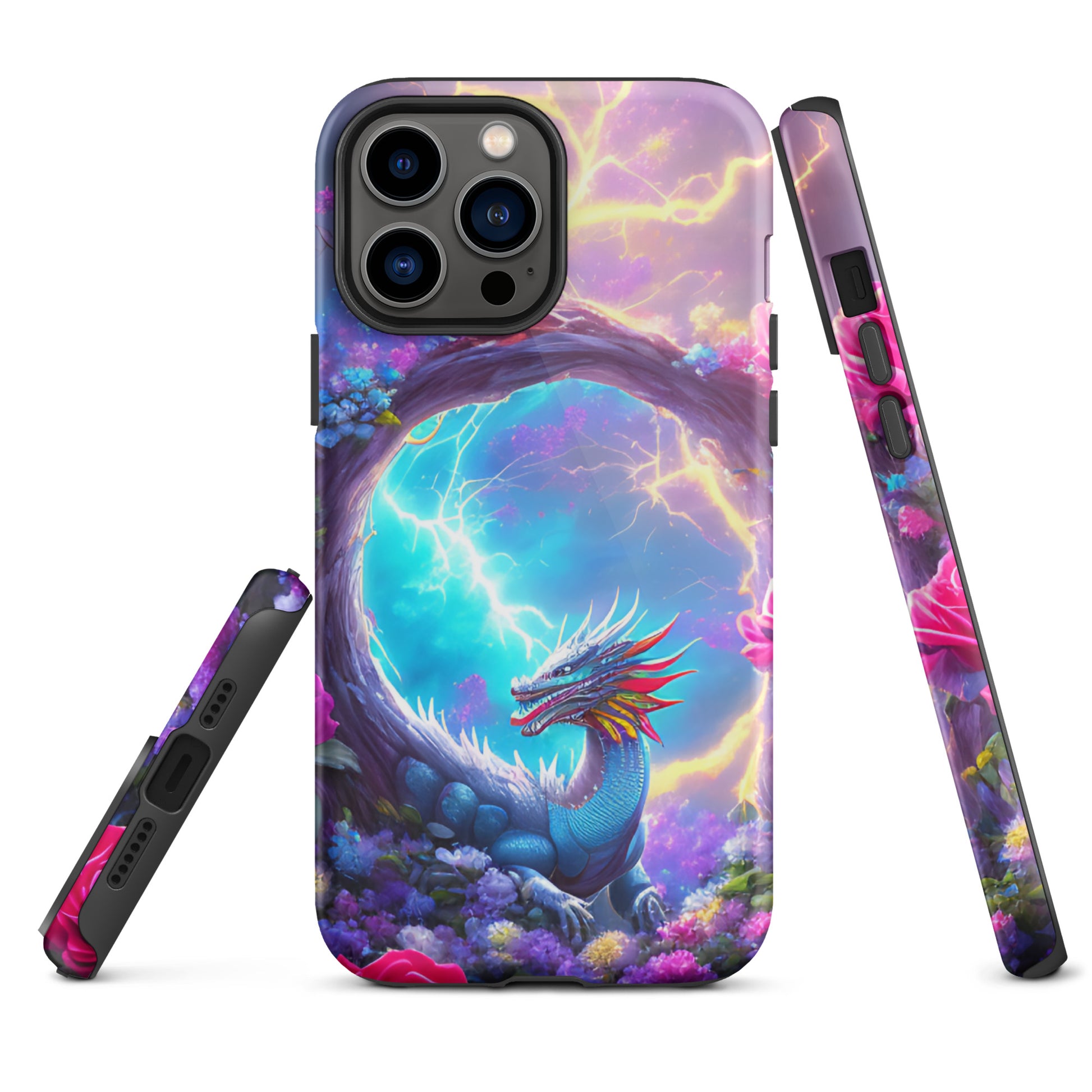 A fantasy picture of Dragon Garden iPhone tough case with many colors of roses and in the middle is a rainbow dragon with lightning bolts - glossy-iphone-13-pro-max-front