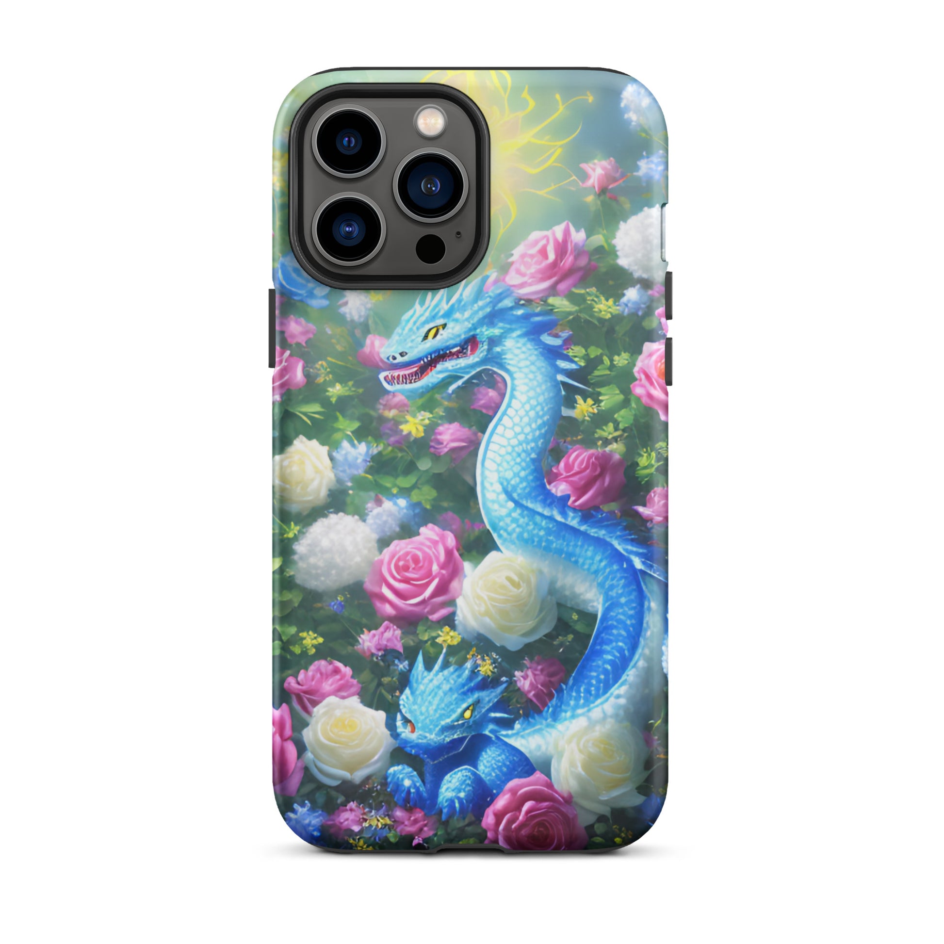 A fantasy picture of Dragon Garden #5 iPhone tough case with many colors of roses and in the middle is a blue dragon with it's baby - glossy-iphone-13-pro-max-front