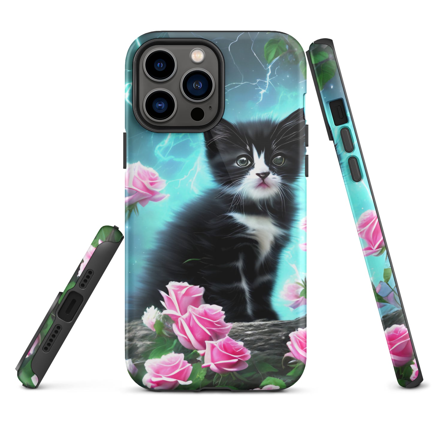 A picture of a iphone tough case with a Black and White Kitten and some pink roses - glossy-iphone-13-pro-max-front