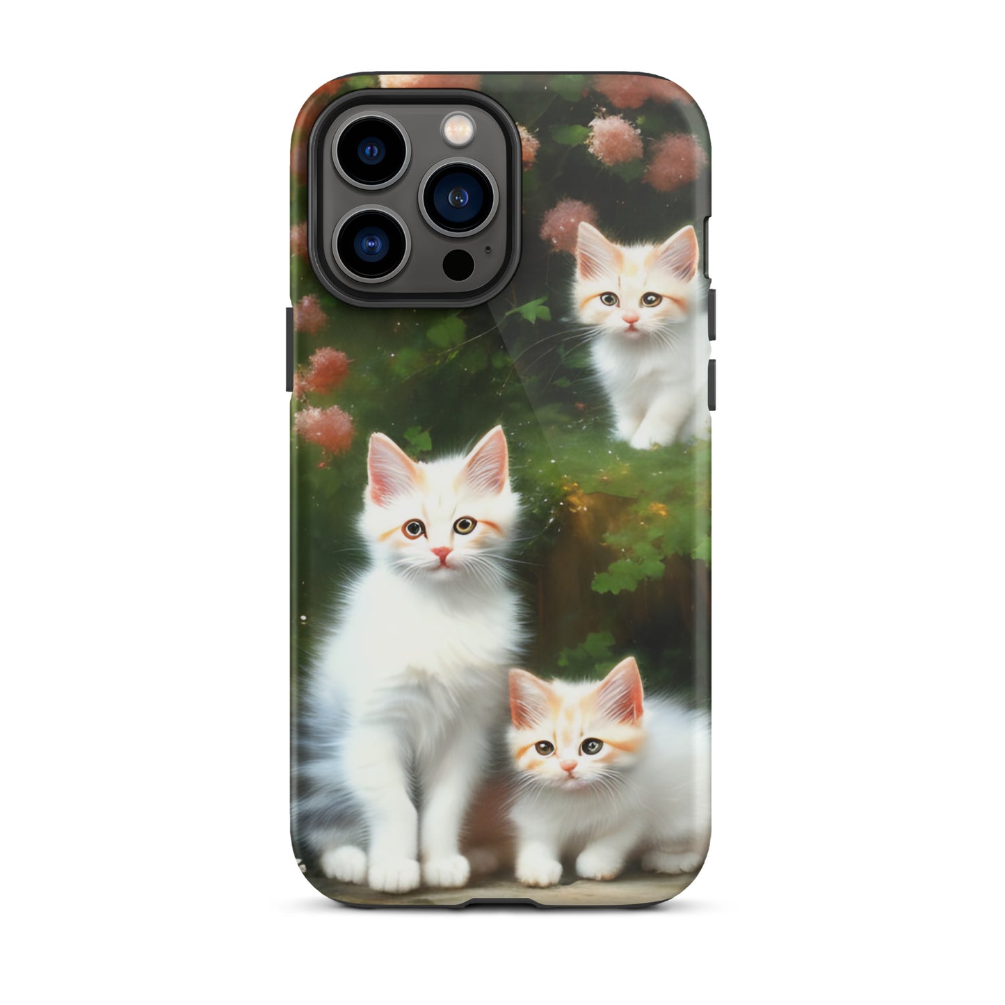 A picture of a iphone tough case with 3 fluffy white and orange kittens and peach colored flowers in the background - glossy-iphone-13-pro-max-front