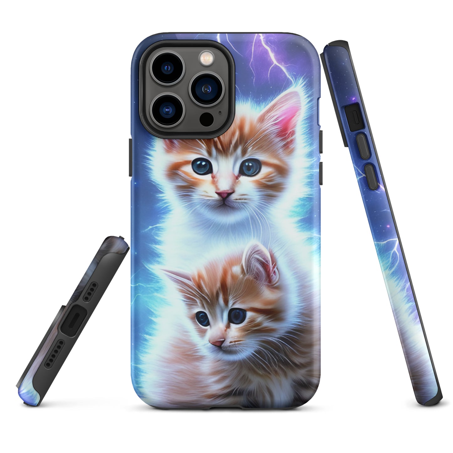 A picture of a iphone tough mobile phone case with fluffy 2 orange and white kittens against a stormy background - glossy-iphone-13-pro-max-front