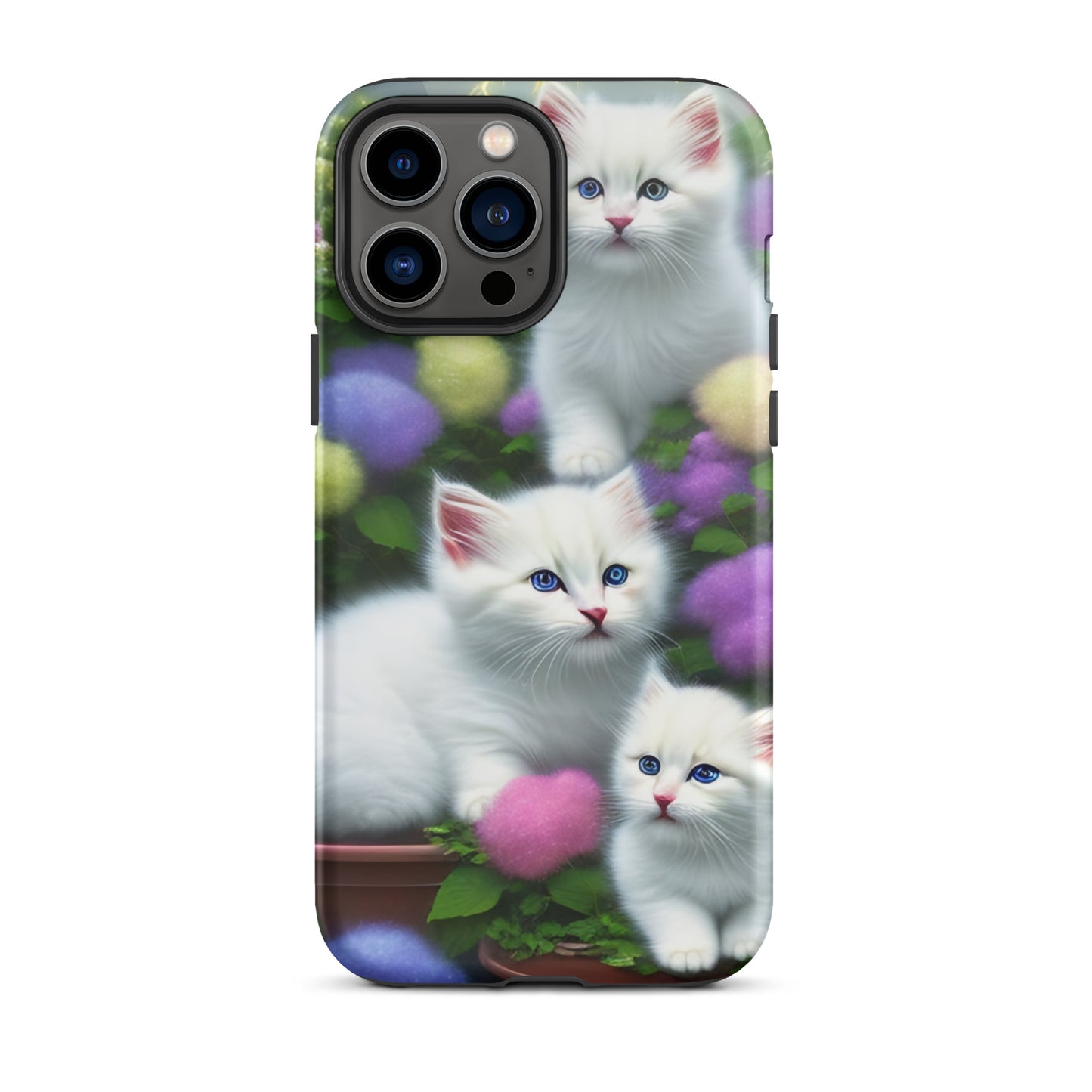 A picture of a iphone tough case with a picture of 3 pure white kittens with blue eyes in a garden filled with flowers - glossy-iphone-13-pro-max-front
