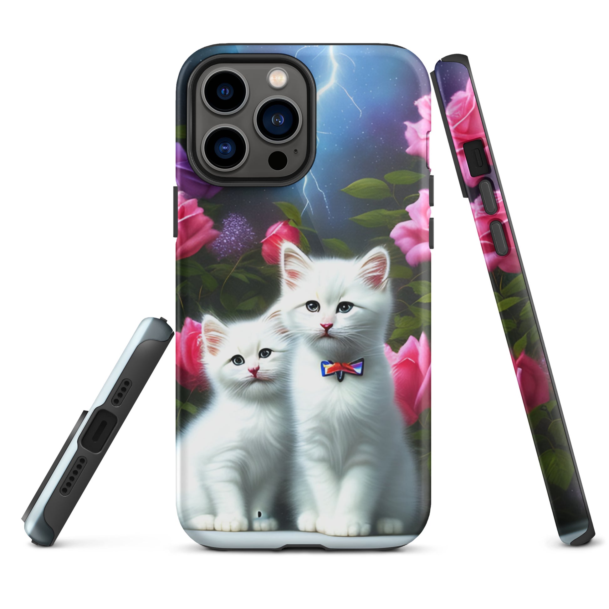 A picture of a iphone tough mobile phone case with 2 white kittens sitting in a flower garden and pink roses - glossy-iphone-13-pro-max-front