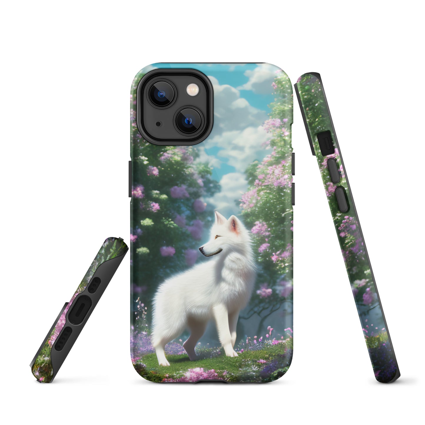 A fantasy picture of white wolf iPhone tough case full picture of a lone white wolf standing in a garden full of flowers - glossy-iphone-14-front