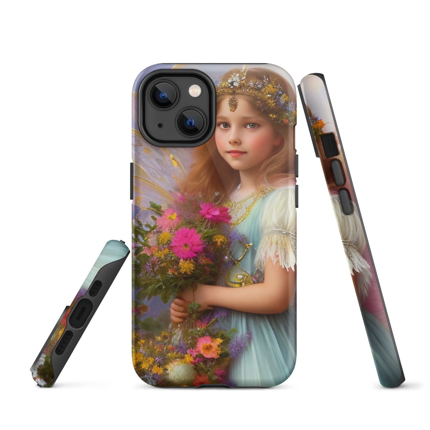 A picture of a iphone tough case with a beautiful young fairy princess, glittering crown and detailed dress. She is holding a bunch of colorful flowers and has very pretty fairy wings   - glossy-iphone-14-front