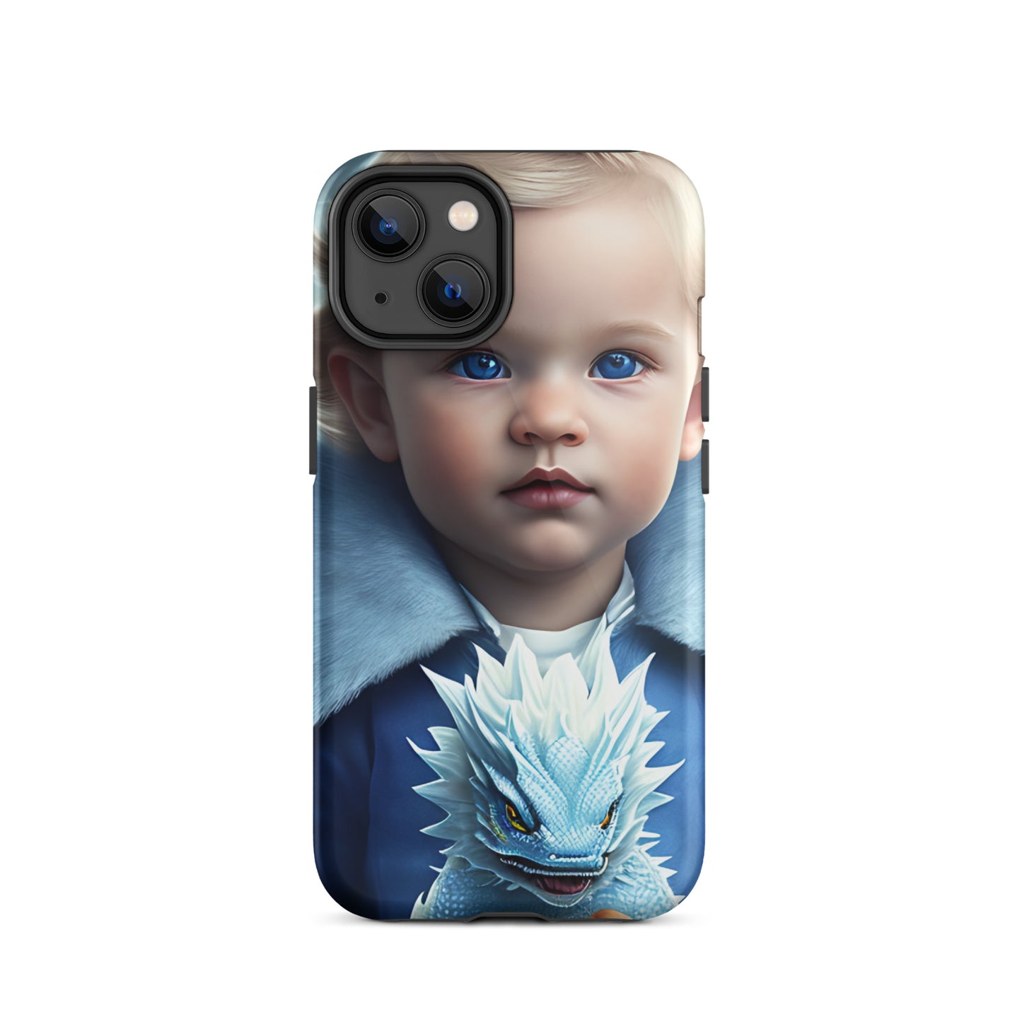 A picture of a an iphone case with a blond haired blue eyed boy, blue top holding a baby ice dragon in front - Dragon Prince #2 tough iphone case - glossy-iphone-14-front